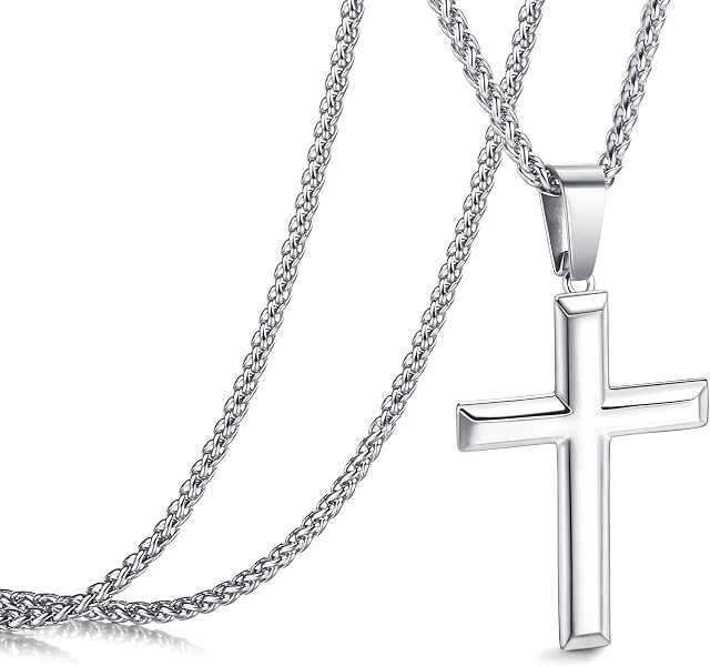 Roheafer 925 Sterling Silver Cross Necklace for Men Women 2.5mm Stainless Steel Wheat Chain 18K White Gold Plated Crucifix Pendant Necklace Polished Beveled Edge Cross Chain Necklace 61 cm