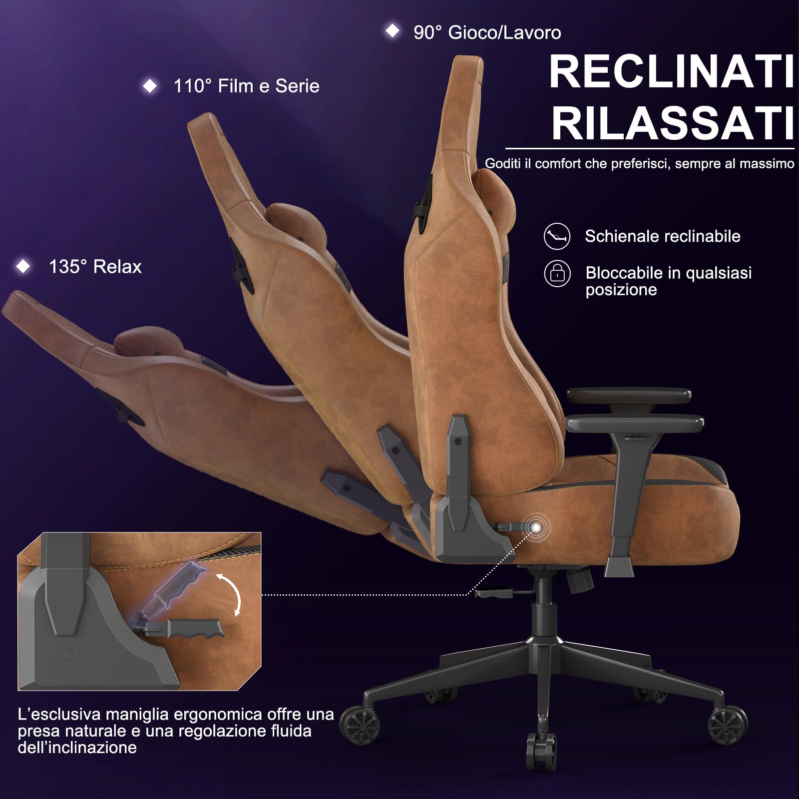 Devoko Sedia da Gaming Ergonomica in Pelle Scamosciata, Poltrona da Ufficio Gamer Reclinabile 90°-135°, Braccioli 3D Regolabili, Base in Metallo, Ruote Silenziose, Portata 180kg, Marrone Chiaro
