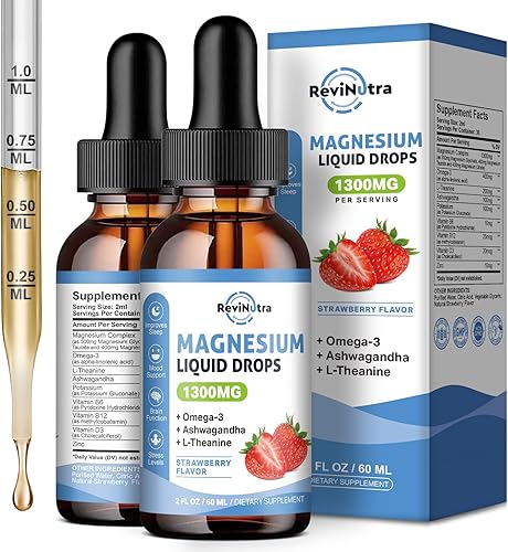 Paquete de 2 gotas de glicinato de magnesio líquido con taurato y citrato, magnesio calmante con omega3, L-teanina, potasio, Ashwagandha, vitamina