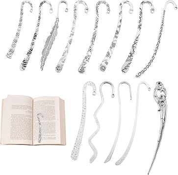 13pcs/Set Metal Bookmark for Women Men, Hairpin Hook Antique Tibetan Silver Carved Hook Bookmarks with Loop, Unique Charm Book Marker for Book Lovers Unique Gift