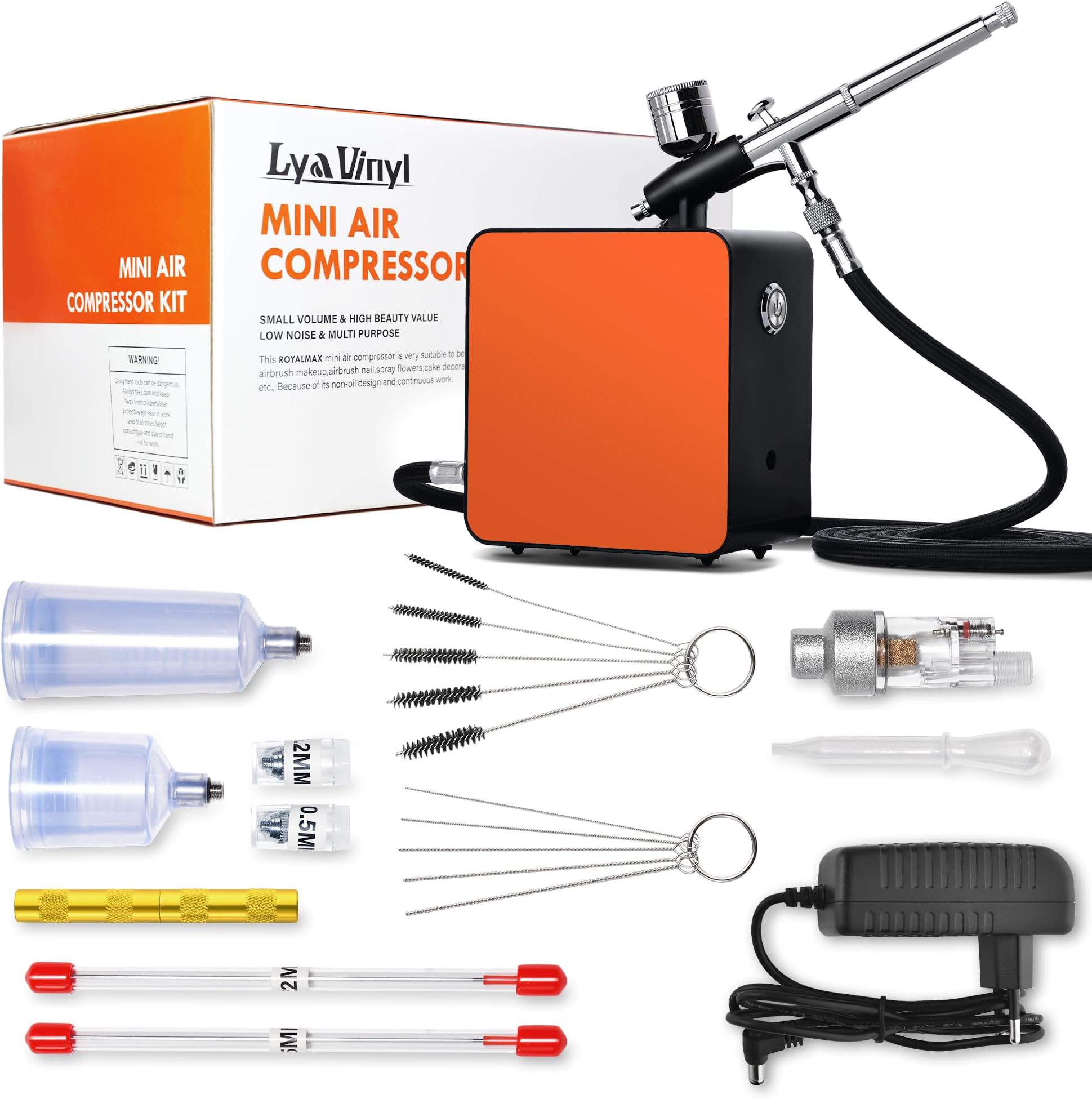 Lya Vinyl Mini Airbrush Kit with Air Compressor, 40 PSI High Pressure Air Brush Non-Clogging with 0.2/0.3/0.5mm Nozzle/Cleaning Sets, Ideal for Painting, Model Painting, Automotive Graphic