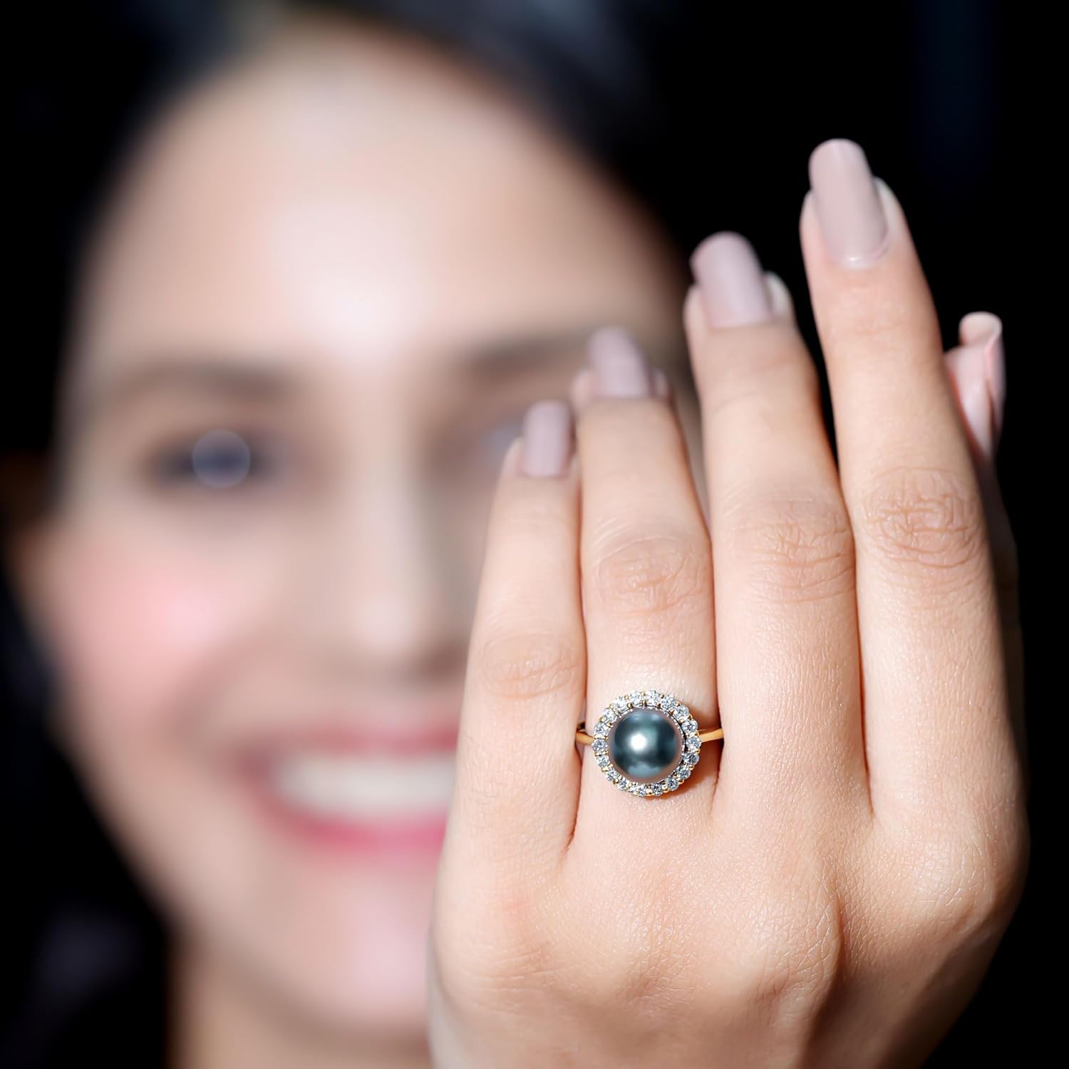 Genuine Black Pearl Diamond Engagement Ring, Aaa Quality, Certified Tahitian Pearl Vintage Ring (Ideal For Gift)