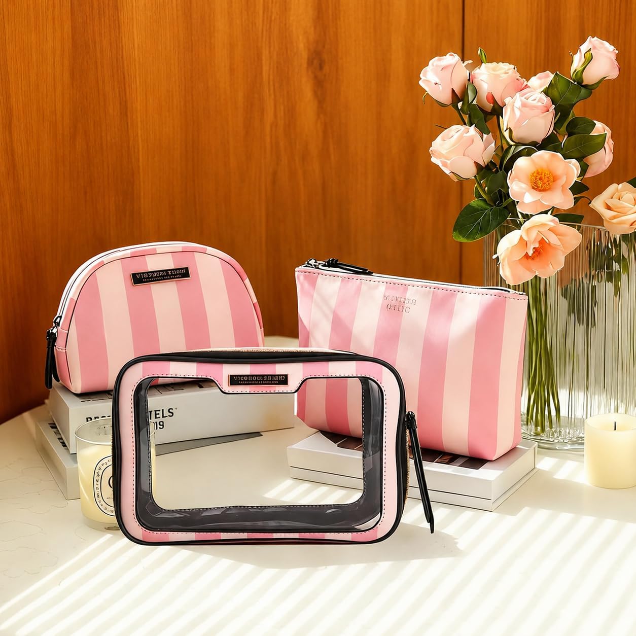 3-Piece Waterproof Makeup Bag Set, PU Cosmetic Organizer with Clear Toiletry Bag & Mini Pouch, Striped Design Travel Toiletry Kit for Women, Daily Use & Travel