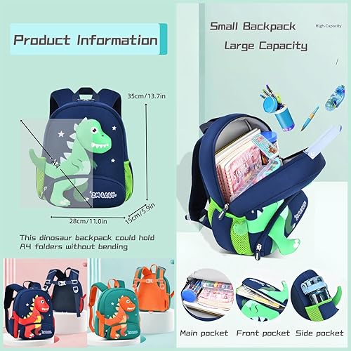 Miniatura 3 de Mochila de dinosaurio antipérdida para niños y niñas con correa de seguridad, B-azul+verde oscuro, Mochilas Daypack