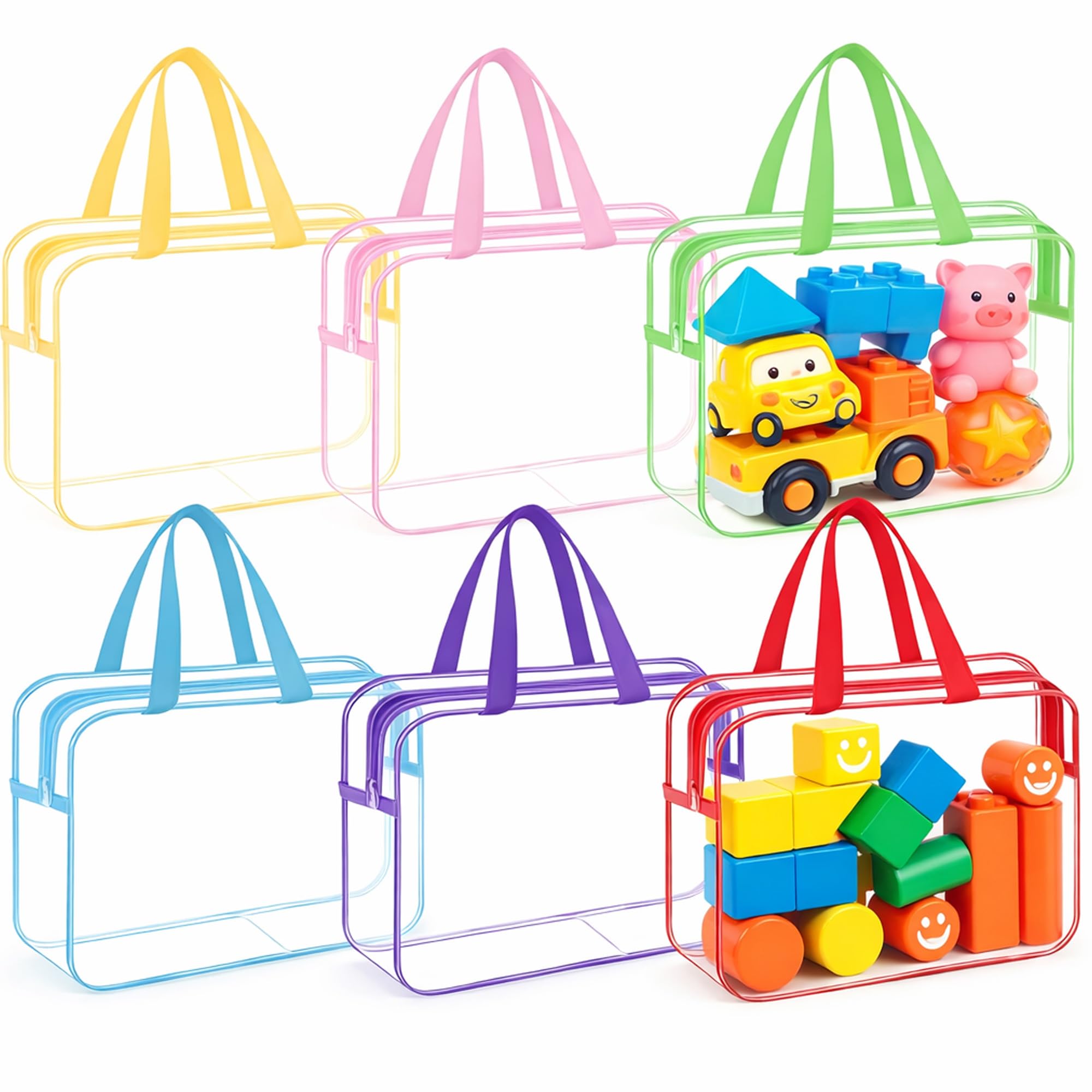 Tvood Clear 6 Colors Toy Storage Bags: 35X24x18cm Waterproof Pvc Toy Organiser Bags With Zipper Handle & Name Tag Reusable Storage Bag For Building Blocks Puzzles Board Games