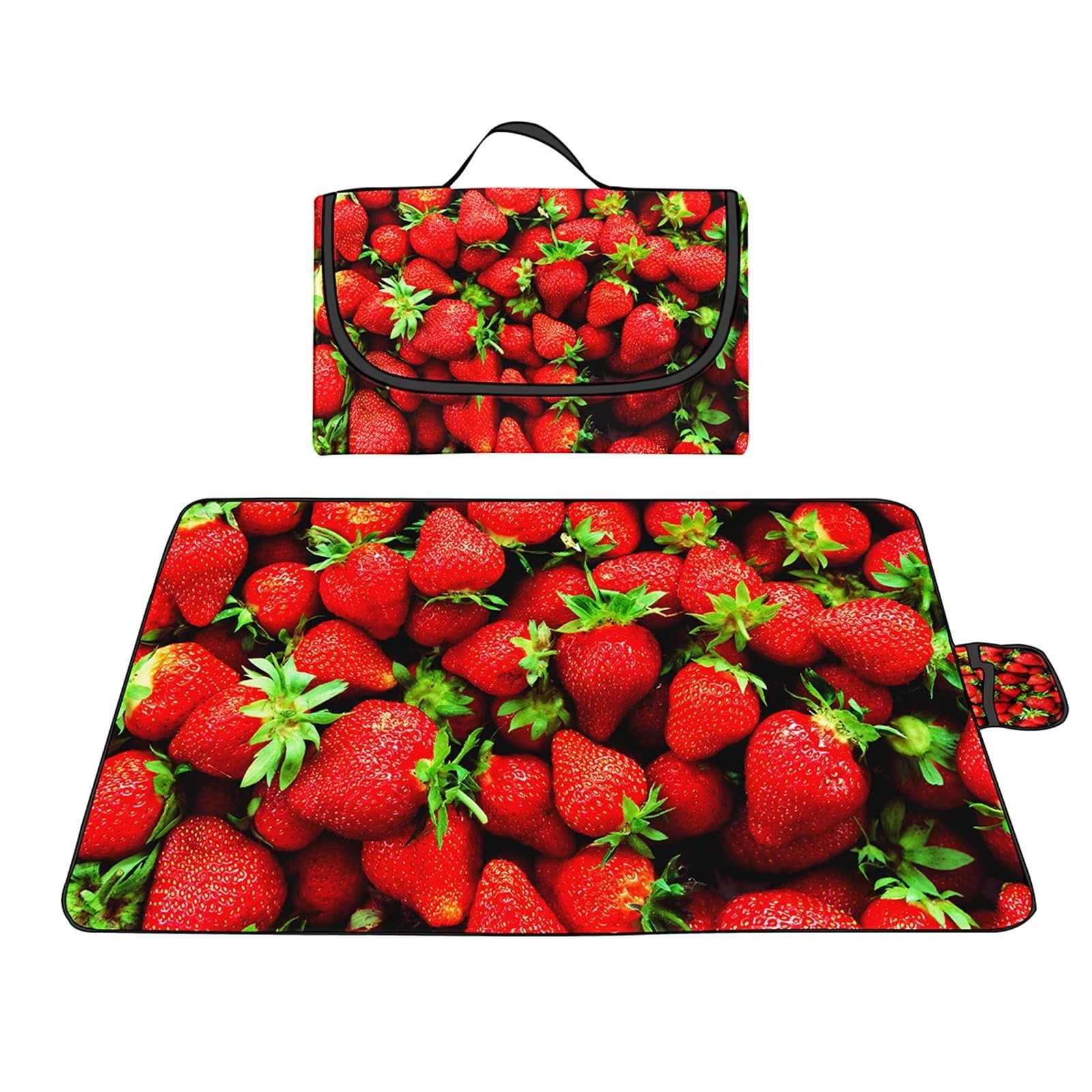 Manta Picnic Impermeable 200x200cm,Lavable Picnic Blanket,Ultrasónica Mantel Picnic,con Mango Multifunción para Acampar Playa Parque de Senderismo,Fresa roja