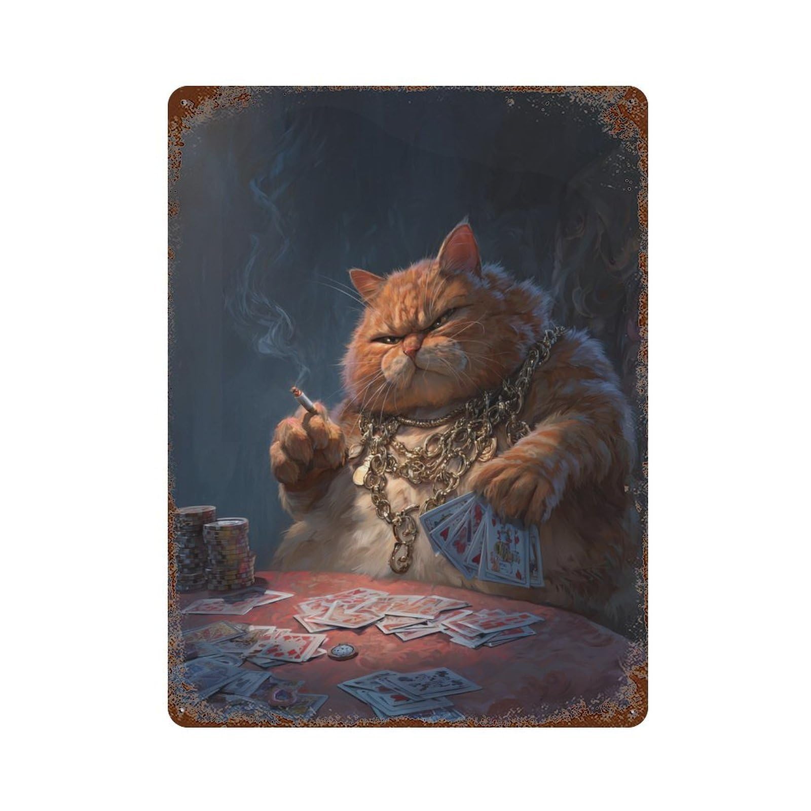 Rust Effect Chill Cat Casino King Decorative Tin Sign 15.7"x11.8", Classic Wall Plaque for Pub, Kitchen And Man Cave Decor