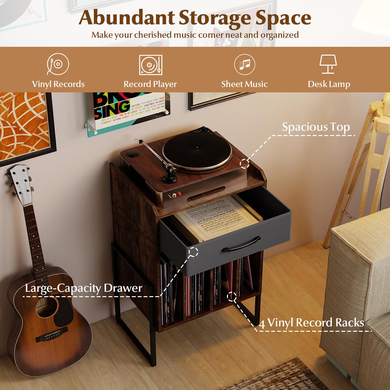 KOMFOTTEU Mobile Porta Giradischi, Supporto per Vinili con Cassetto Pieghevole in Tessuto, 4 Scomparti per fino a 160 Album, Scaffale per Dischi in Legno per Soggiorno, Ufficio, Sala Musicale, Marrone