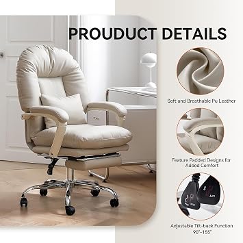 EMIAH Ergonomic Office Chair with Footrest Adjustable Desk Chair PU Leather Comfortable Modern Cosmetic Chairs with Wheels Mid-Back Cute Computer Chair for Home Maximum Load 150 kg Beige