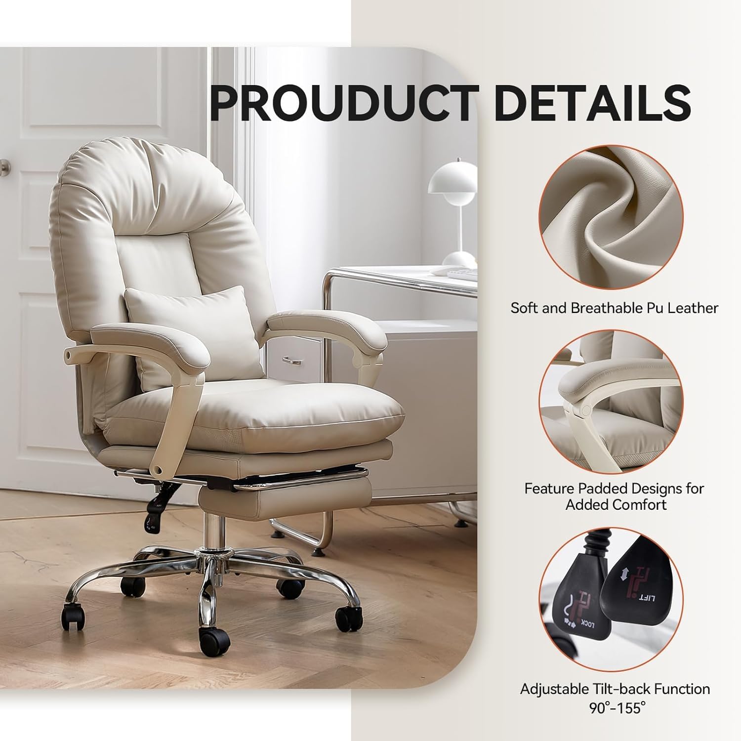 EMIAH Silla de Oficina Ergonómica con Reposapiés, Silla de Escritorio Ejecutiva Reclinable, Sillón de Cuero PU, Modernas Cómoda Silla de Ordenador Tocador con Ruedas, Bonita Silla para el Hogar, Beige