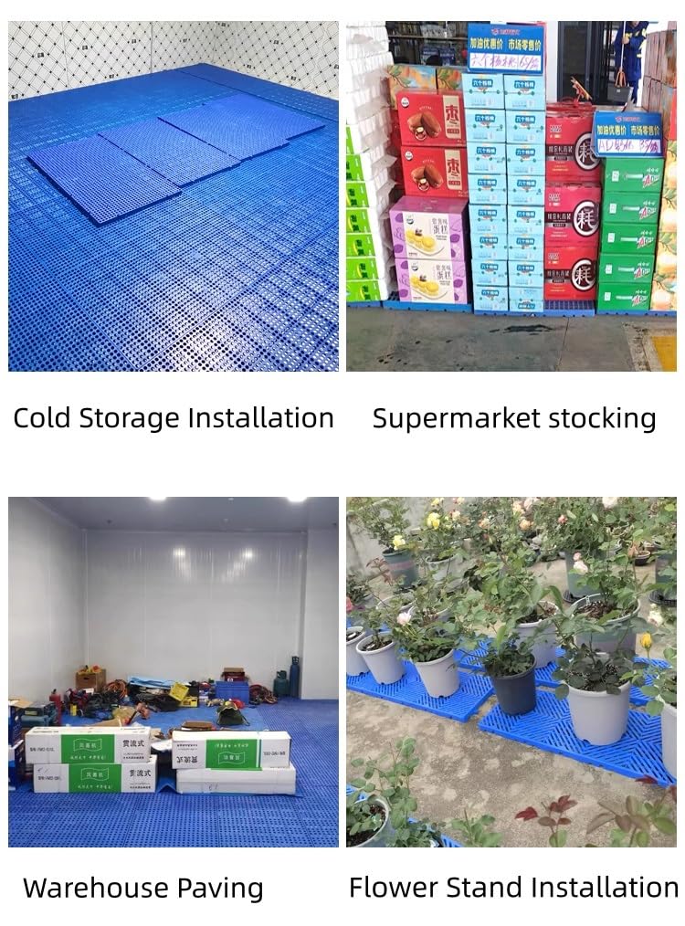 Palés de plástico entrelazados, resistentes a la humedad con diseño de ventilación de malla, ideal para almacenar productos en sótanos de supermercados