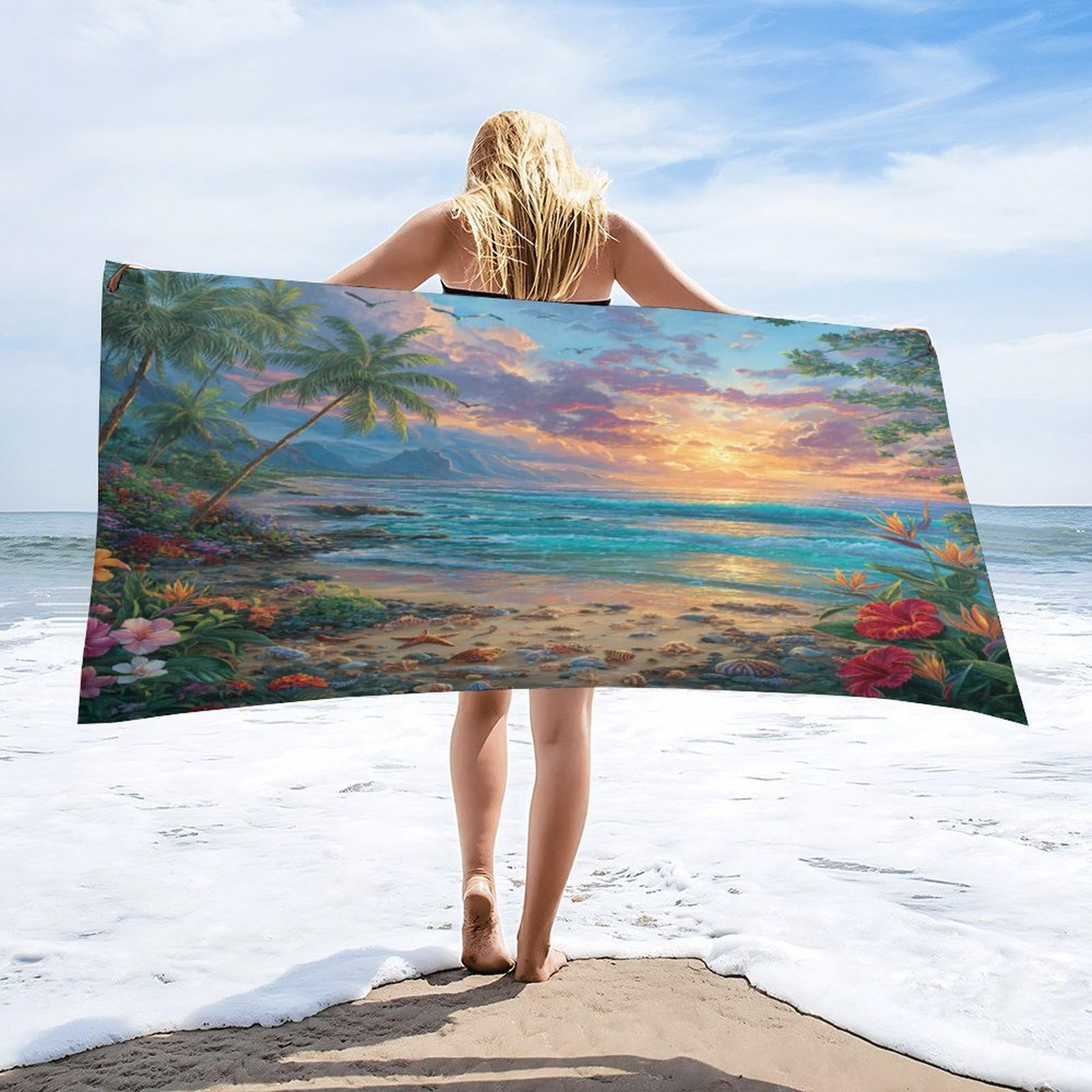 Luyysky Retro Abstract Sunset Waves Absorbent Beach Towel, Nautical Realistic Plant Palm Tree Ocean Animal Starfish Shells Outdoor Single-Sided Velvet Beach Towel-80 W Cm X 160" L Cm