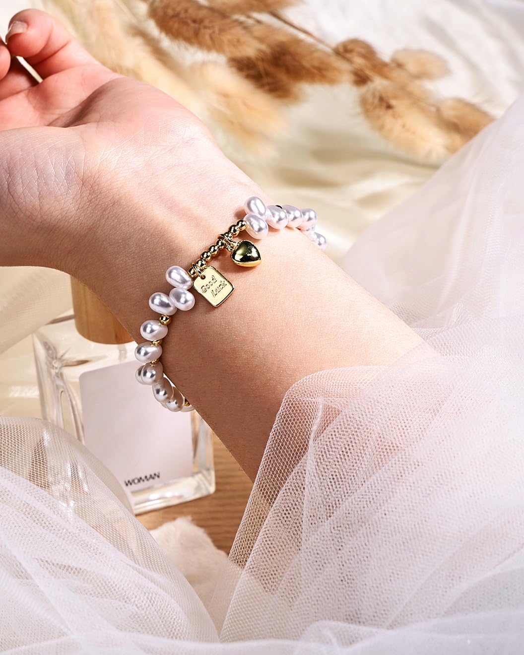 Gold Pearl Bracelet for Women，Pearl Bracelet with Good Luck Charm, Adjustable Dainty Gold Beaded Stackable Jewelry Gift - Image 5