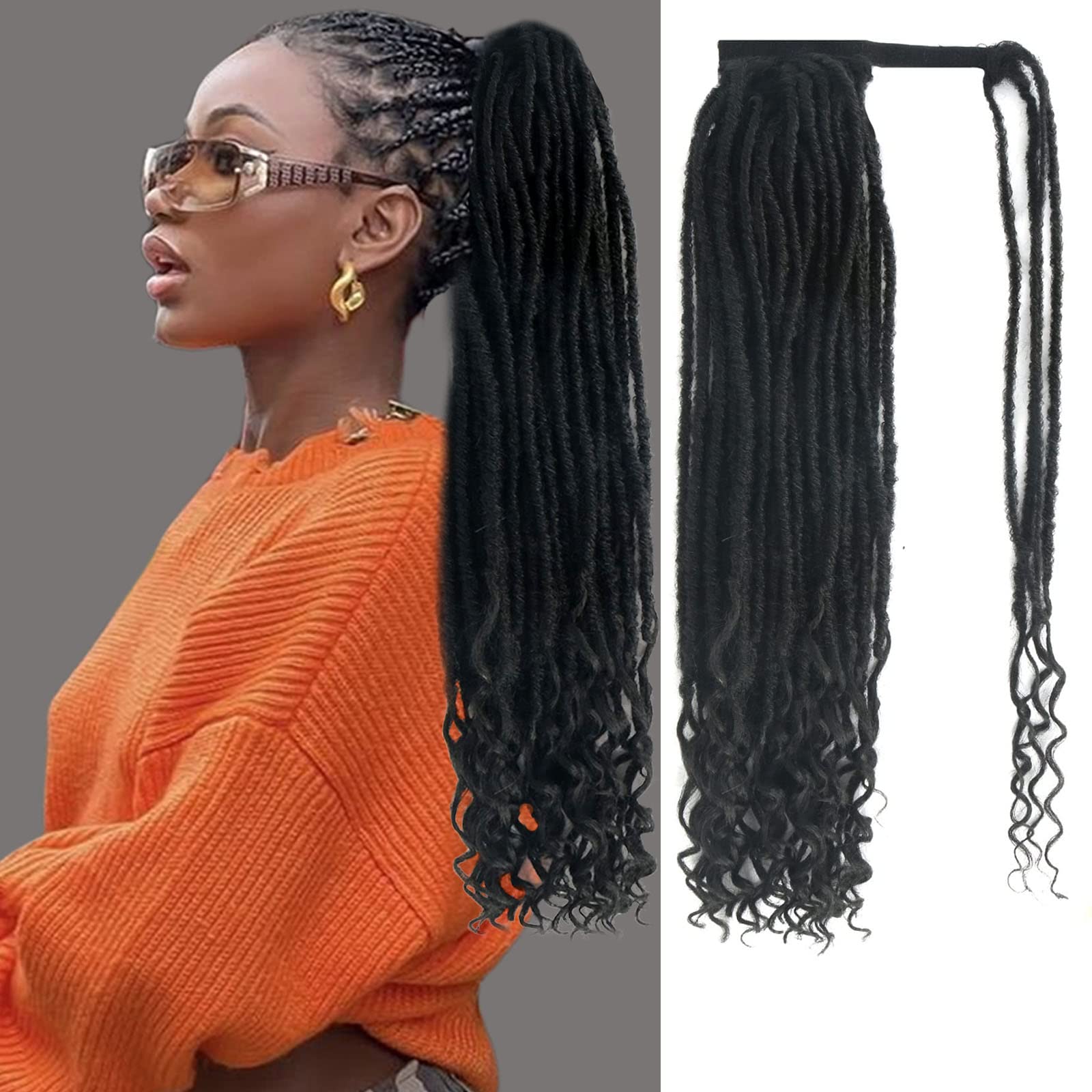 KRSI Goddess Faux Locs Crochet Hair Wrap Around Ponytail for Black Women,Twist Crochet Hair for Black Women Magic Paste Black Ponytail Synthetic Dreadlock Extensions with Curly Ends 22 Inch (1B#)