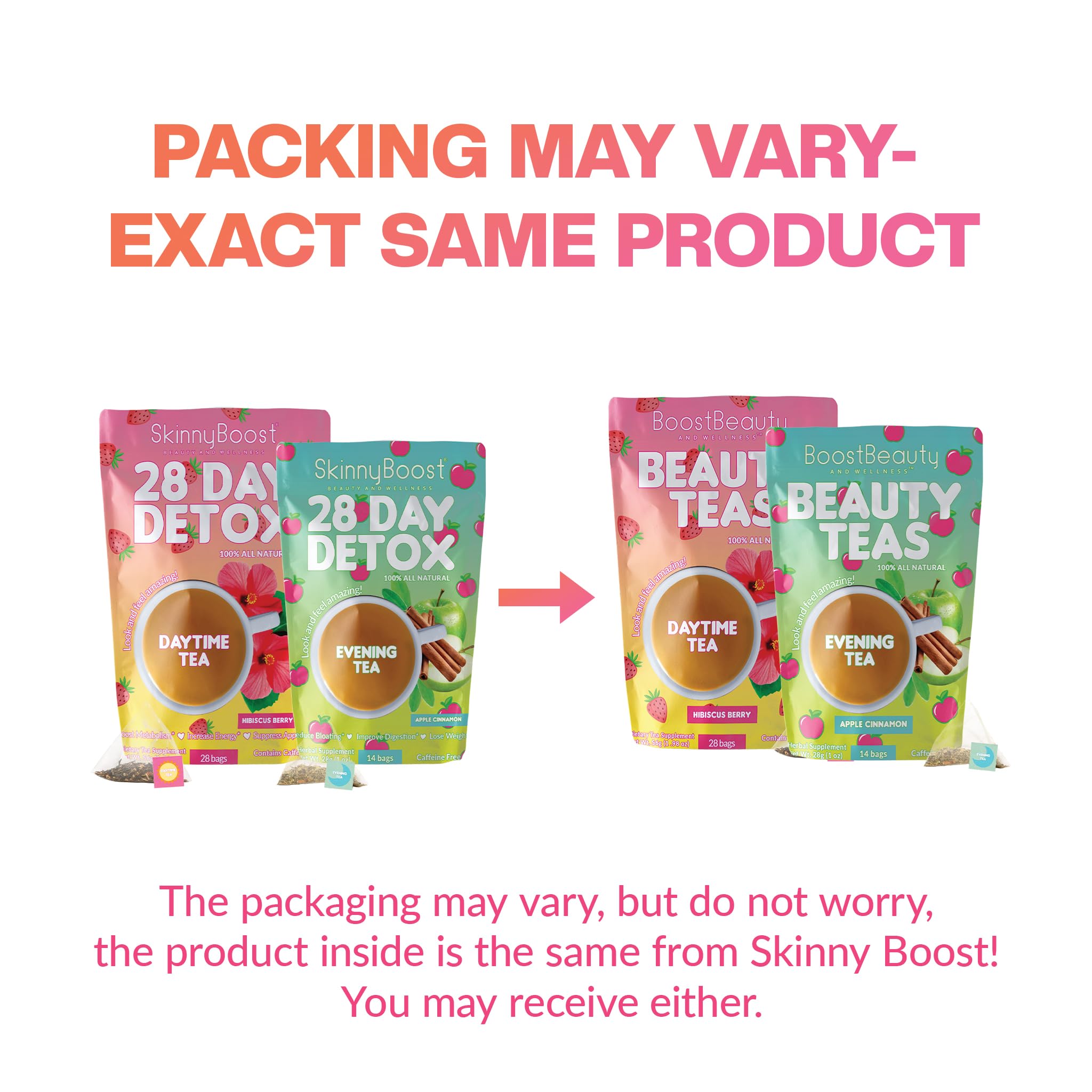 Skinny Boost Detox Tea Kit Slimming Tea for Weight, Metabolism, Energy, Bloating & Colon Cleanse – Green Tea, Herbal, Vegan, Keto, Non-GMO, Sugar-Free-2 PACK –1 Daytime Hibiscus (28 Bags) + 1 Evening Apple -(14 Bags) — Amazon image 3