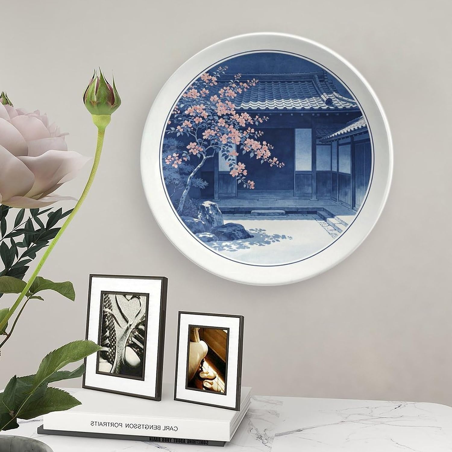 Blue White Porcelain Plate Art, Deep Blue Courtyard with Pink Flowers for Bedroom Wall Bone China Decorative Plate, 8inch Wall Art Home Decor