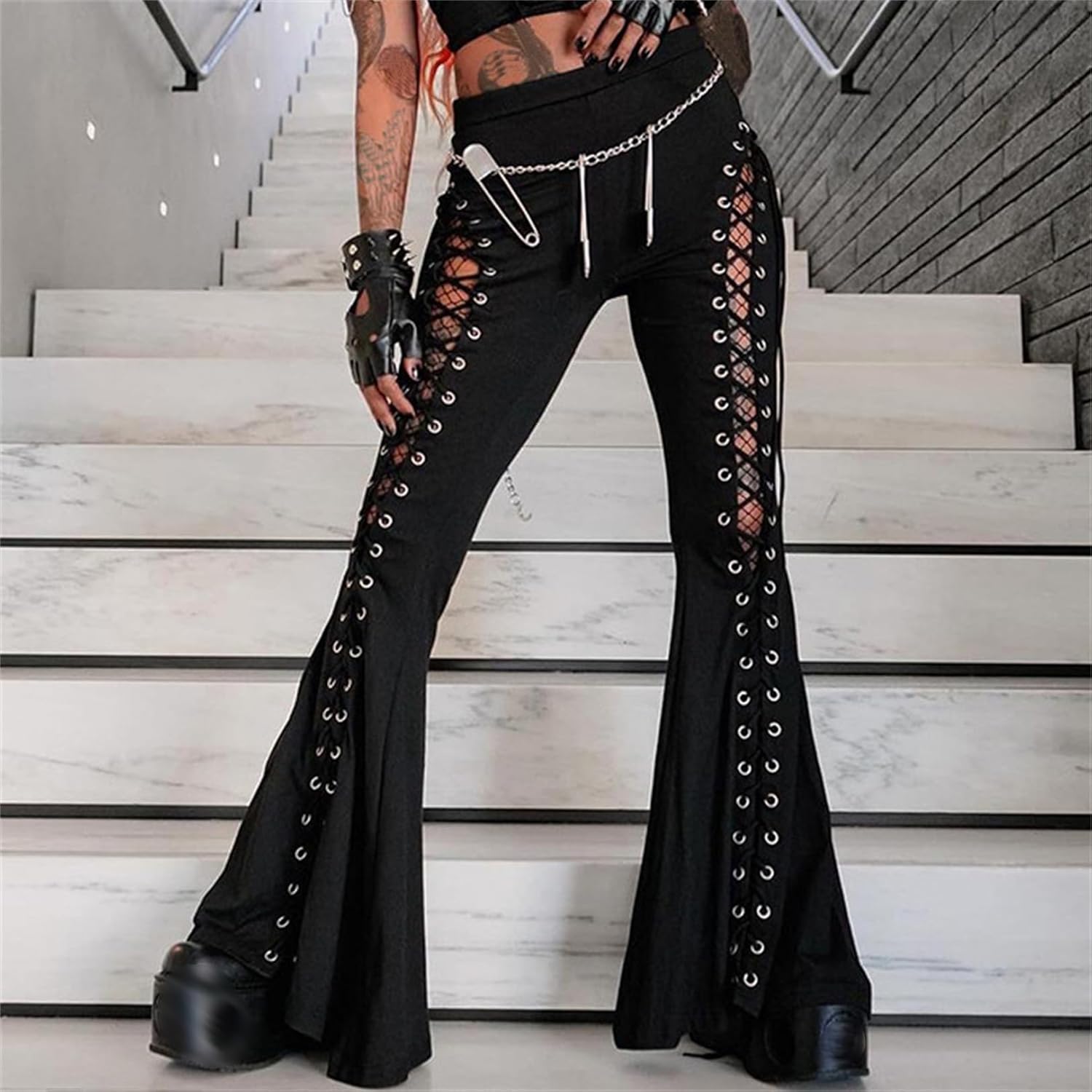 Y2k Bell Bottom Pants for Woman Gothic Black Lace-Up Cutout Stretch Punk - Image 2