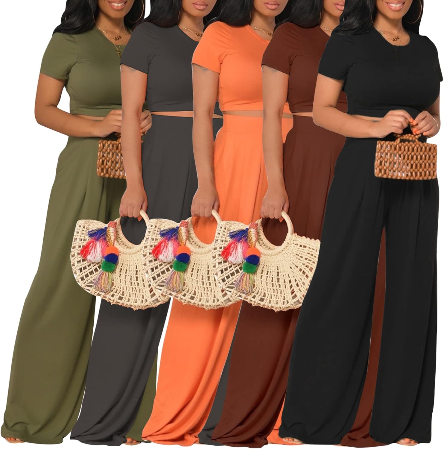 YouSexy Casual Summer 2 Piece Outfits for Women Short Sleeve Crop Top High Waist Wide Leg Pants Sets - Image 6