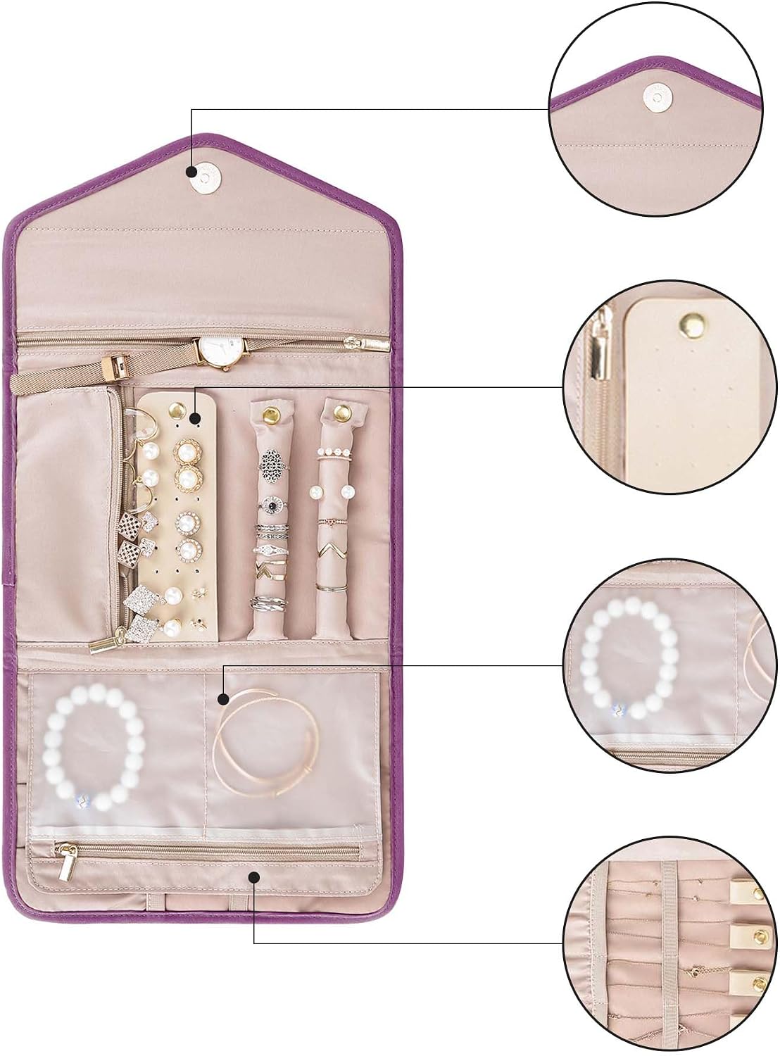 BAGSMART Travel Jewelry Organizer Roll Foldable Jewelry Case,Purple