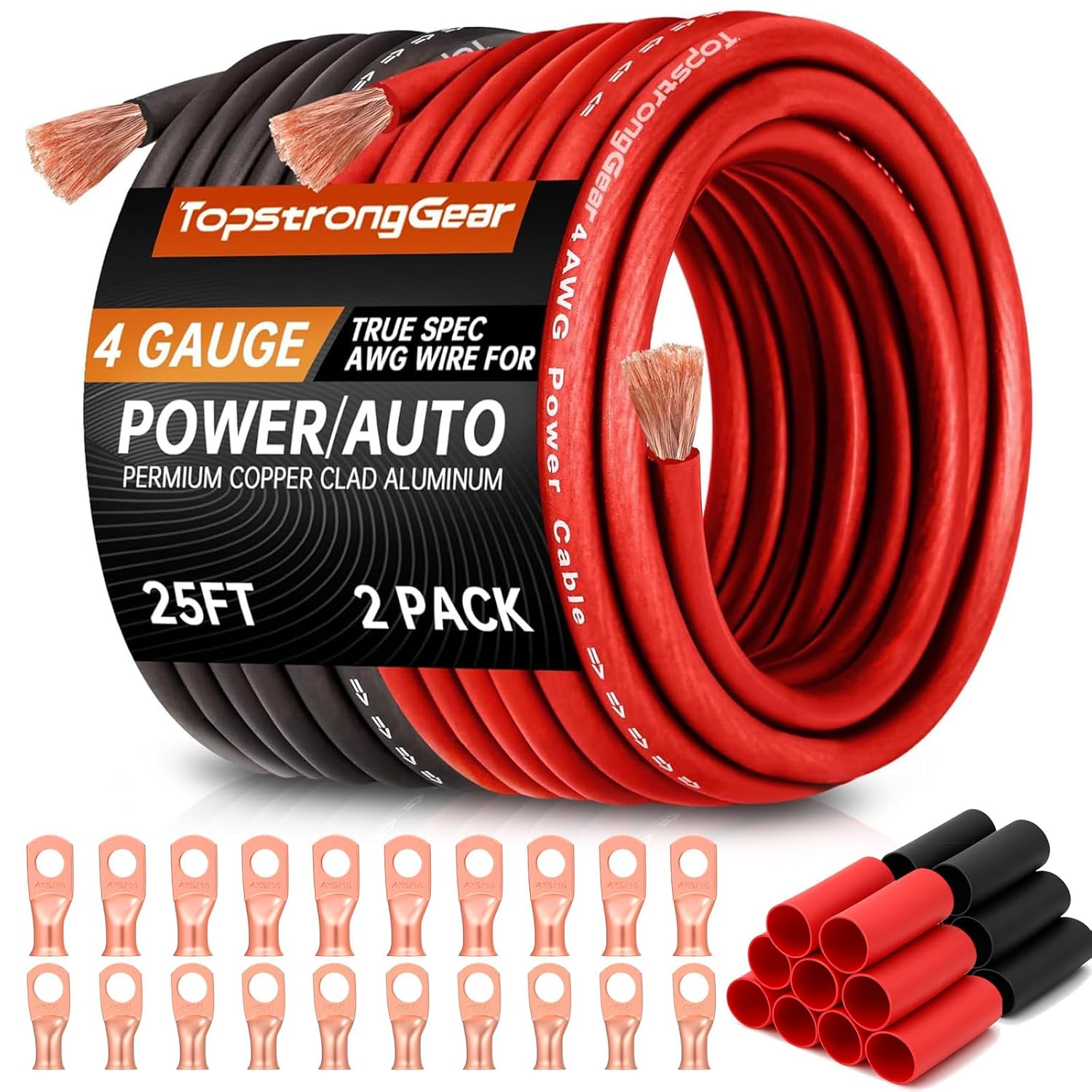 TOPSTRONGGEAR 4 Gauge Wire for Automotive Power Ground, Car Audio, Car Amplifier, RV, Amp, CCA Automotive Wire, Battery Cable, Wiring Kit (25FT Each Black/Red with 20PCS Lugs, 20 Heat Shrink Wrap)