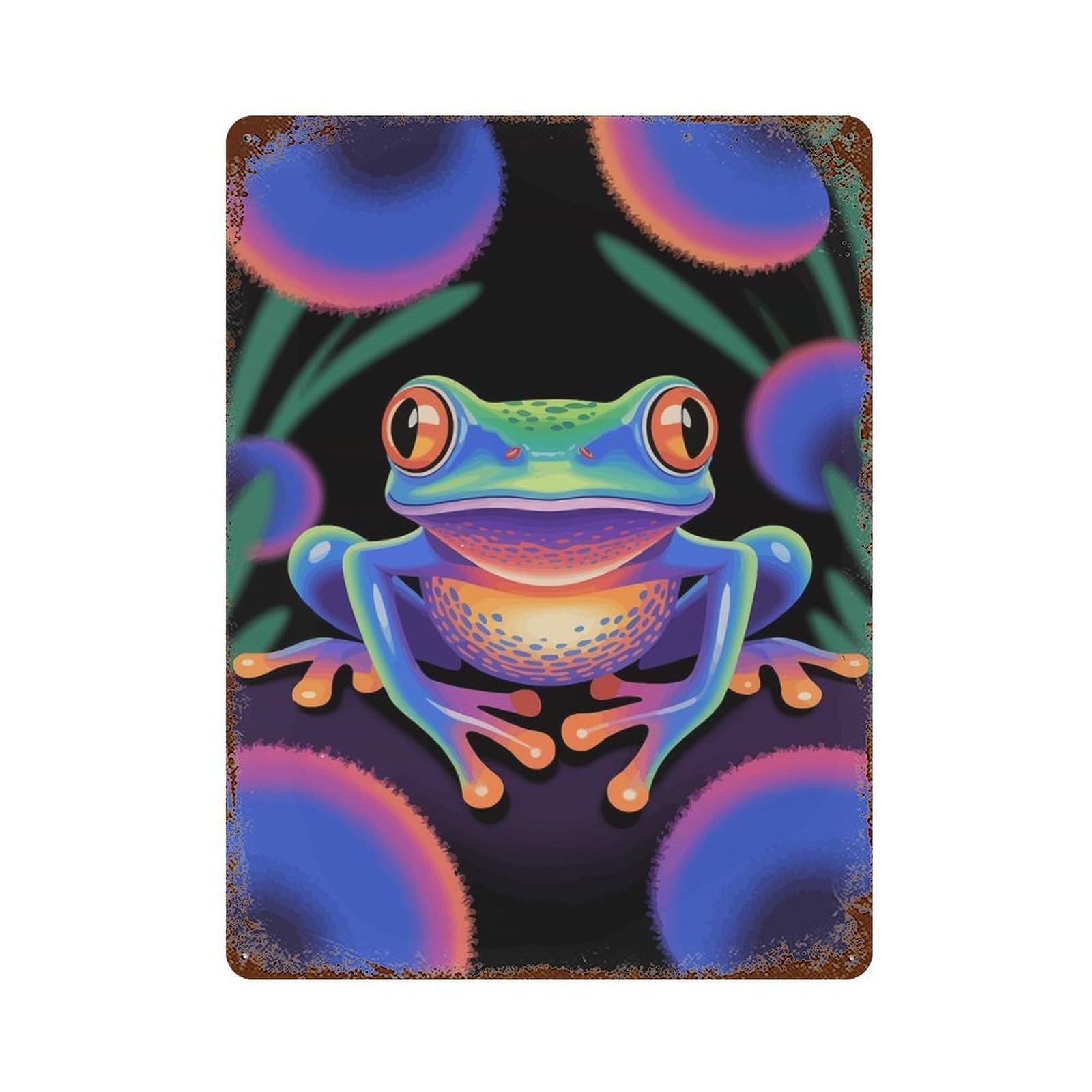 Retro Metal Sign Colorful Frog Illustration on Black Background 15.7"x11.8", Retro Wall Decor for Living Room, Hallway And Home Decor