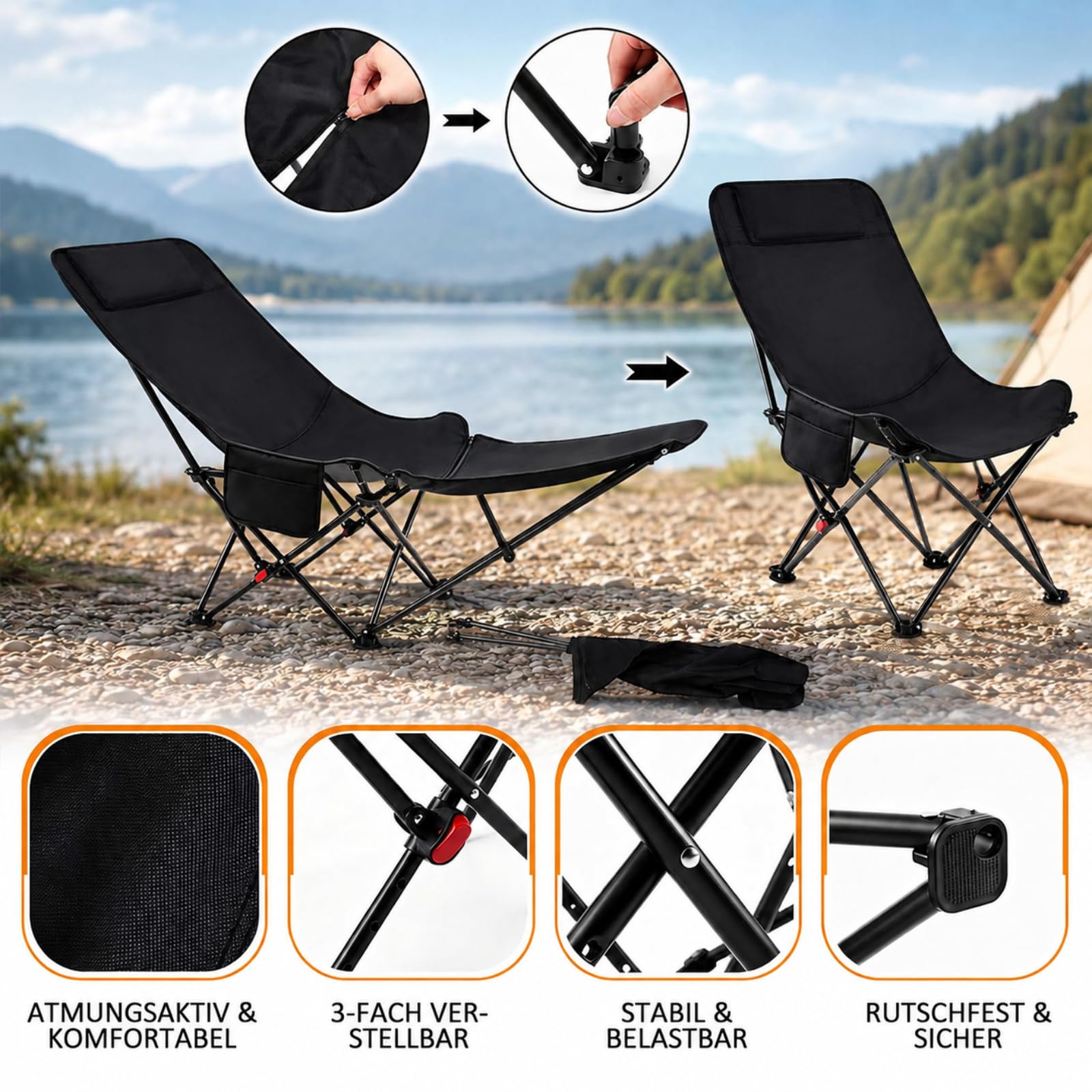 Jadive Lot de 4 Chaises de Camping 2-en-1 avec Repose-Pieds 150kg – Chaise Pliante Réglable 3 Positions, Fauteuil Relax pour Camping, Pêche et Extérieur