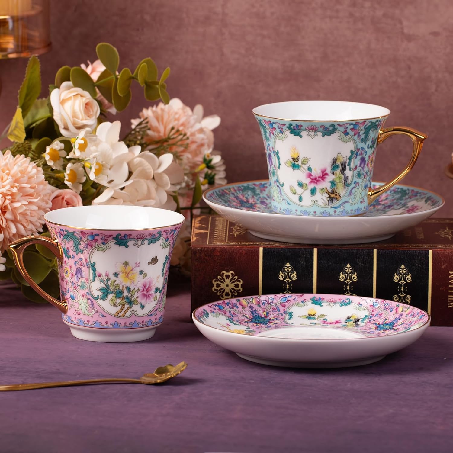 KAMMAK Tea Cups and Saucers Set of 2, Porcelain Coffee Cups with Saucer for Espresso, Cappuccino, 8oz Vintage Pink and Blue Ceramic Novelty Mug for Home, Tea Party, Office - Image 7