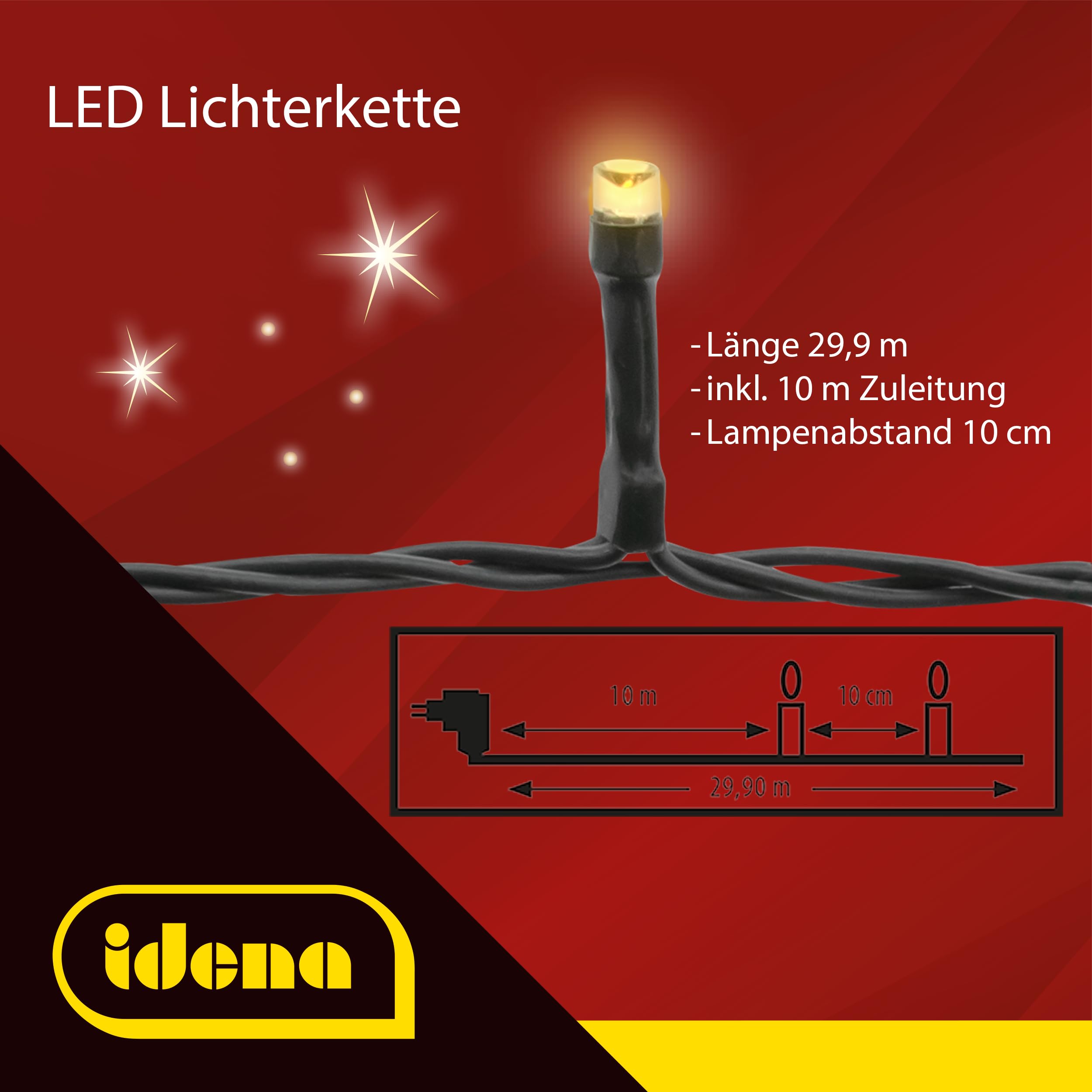 Idena 31805 - Lampki choinkowe LED z 200 diodami LED w ultra ciepłej bieli, do użytku na zewnątrz i wewnątrz, testowane przez TÜV i GS, 8-godzinny timer, 29,9 m długości, dekoracja świąteczna