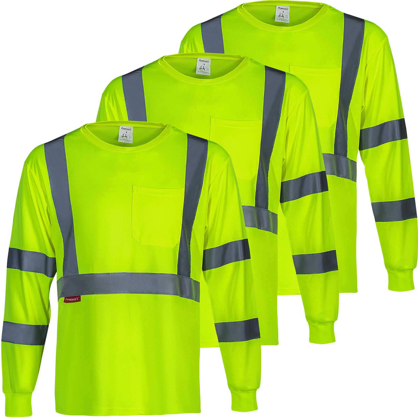 ProtectX Men's High Visibility Heavy Duty Long Sleeve Reflective Safety T-Shirts for Construction, Class 2-3 Type R