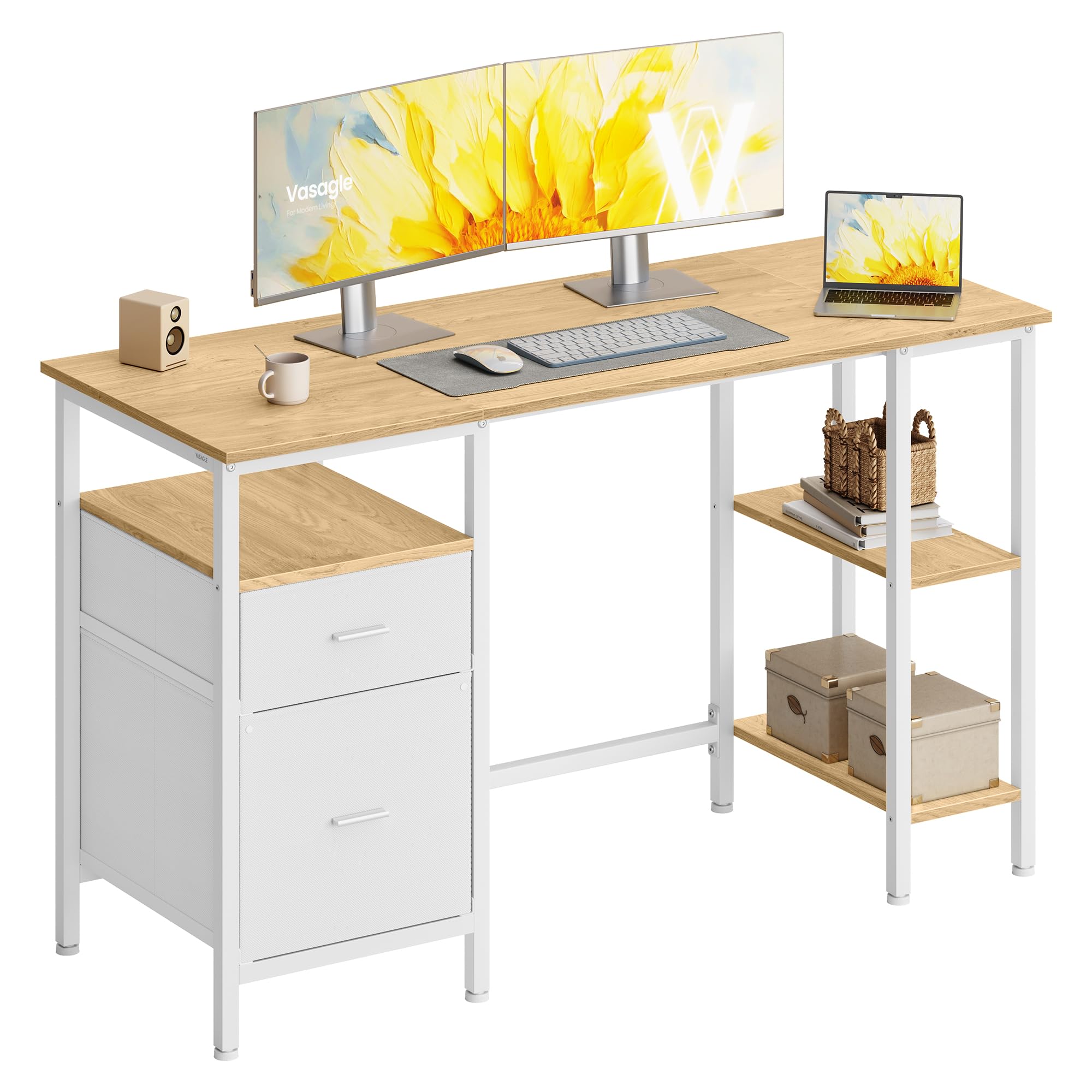 VASAGLE Computertisch, mit 3 Ablagen, 2 Schubladen, 127 x 50 x 76 cm