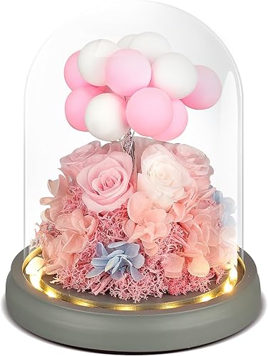 Rosa 100% real en cúpula de cristal, flores preservadas con luz LED, flor eterna con decoración de globos de arcilla, para cumpleaños, aniversario,