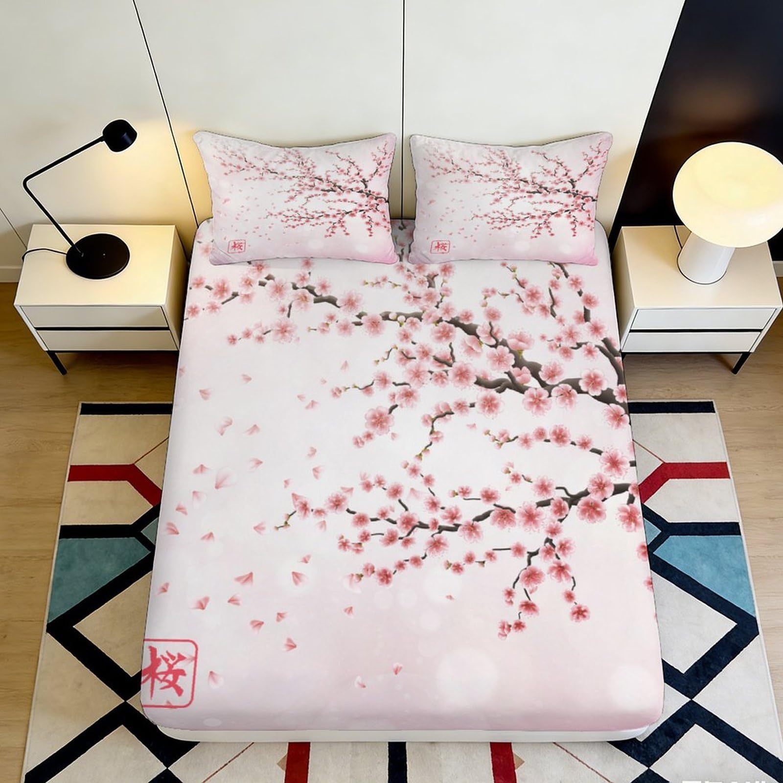 3D Printed Cherry Blossom Fitted Sheet Microfiber Soft Breathable Sakura Branch Bed Cover for Bedroom Dormitory Guest Room Mattress Protection Decor 180x200x25cm