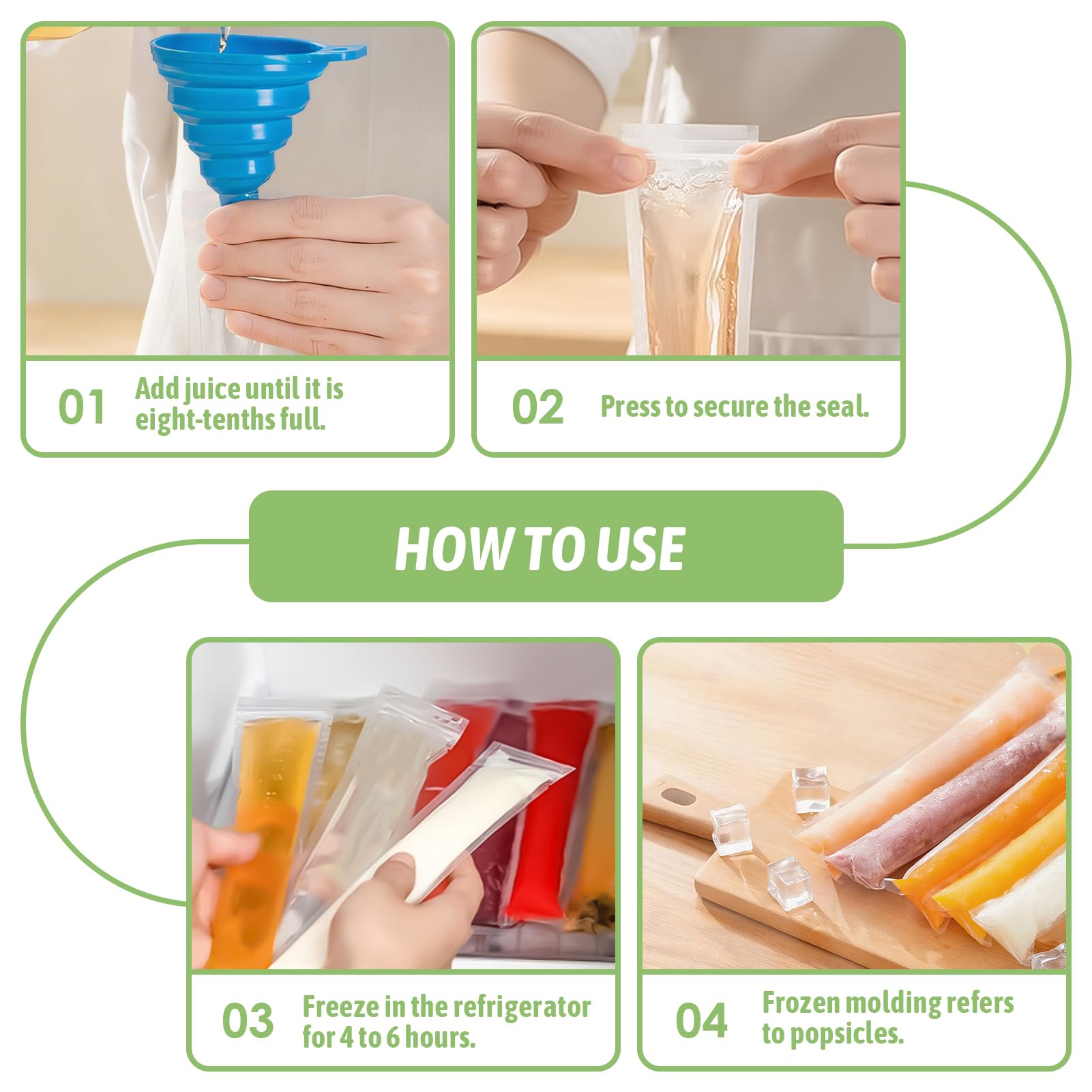 200 Bolsas para Polos Flash Helado DIY (5.5x28cm) + 1 Embudo Plegable | Moldes para Helados Caseros Sin BPA, Bolsas de Plástico Desechables para Postres Congelados y Meriendas Infantiles