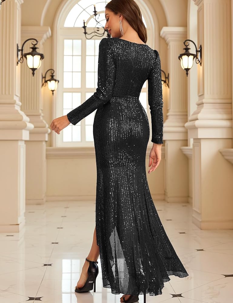 Amazon.com: COOAN Women's Long Sequin Formal Dresses Long-Sleeve Cocktail  Wedding Guest Dresses Elegant V Neck Party Gowns : Clothing, Shoes & Jewelry