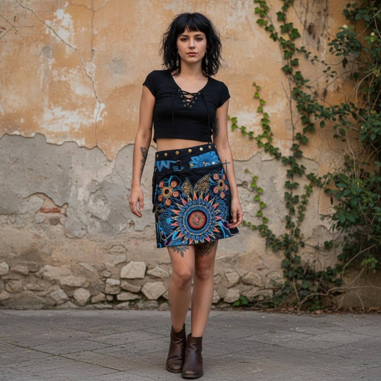 GURU SHOP Falda cruzada, falda corta Goa, Cacheur, minifalda, mujer, verde, algodón, talla: 40, faldas/ropa alternativa corta