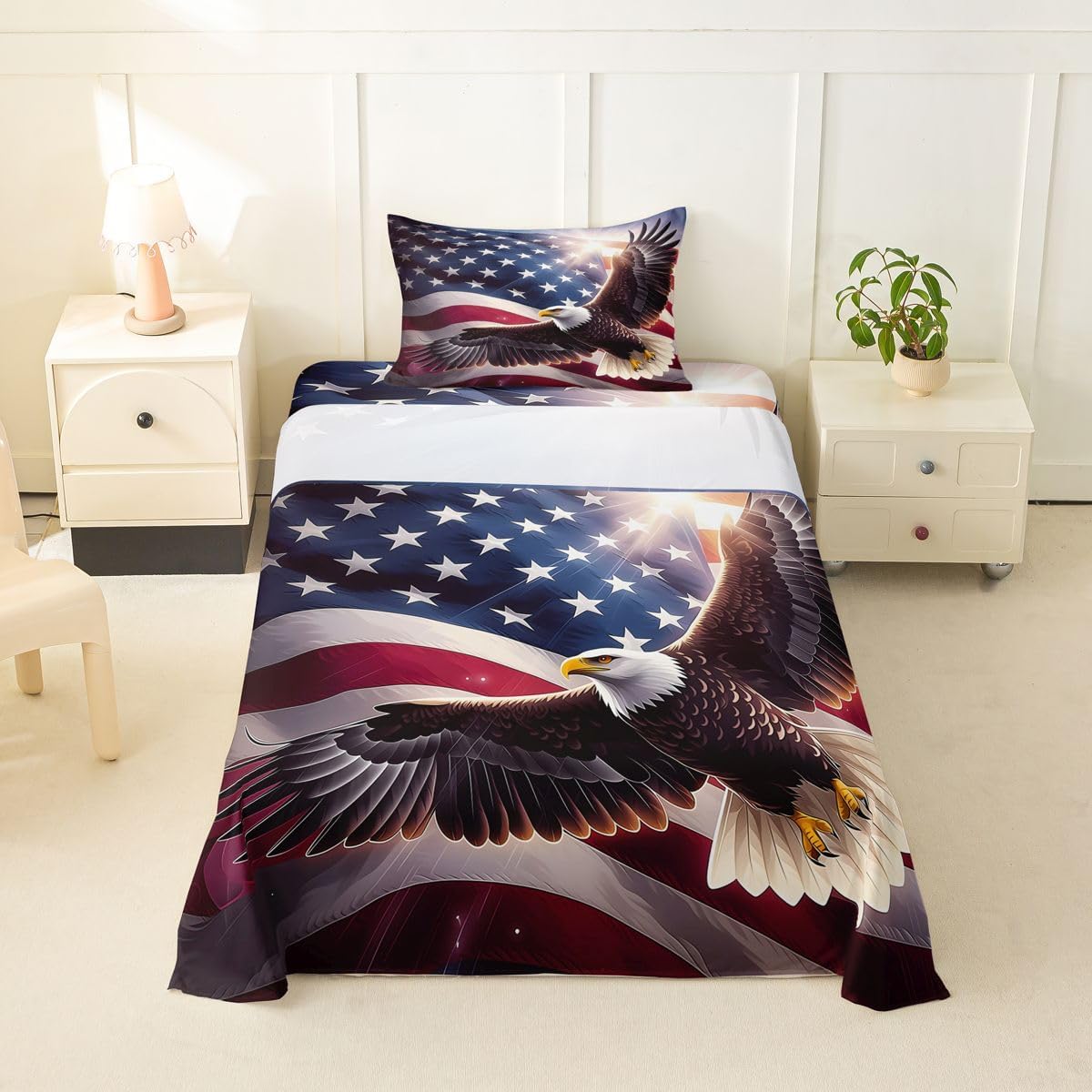 Erosebridal Flying Independent Eagles Sheet Set USA Flag Twin Sheets Set for Toddler Boys,American Anniversary Red Blue Stars Fitted Sheet