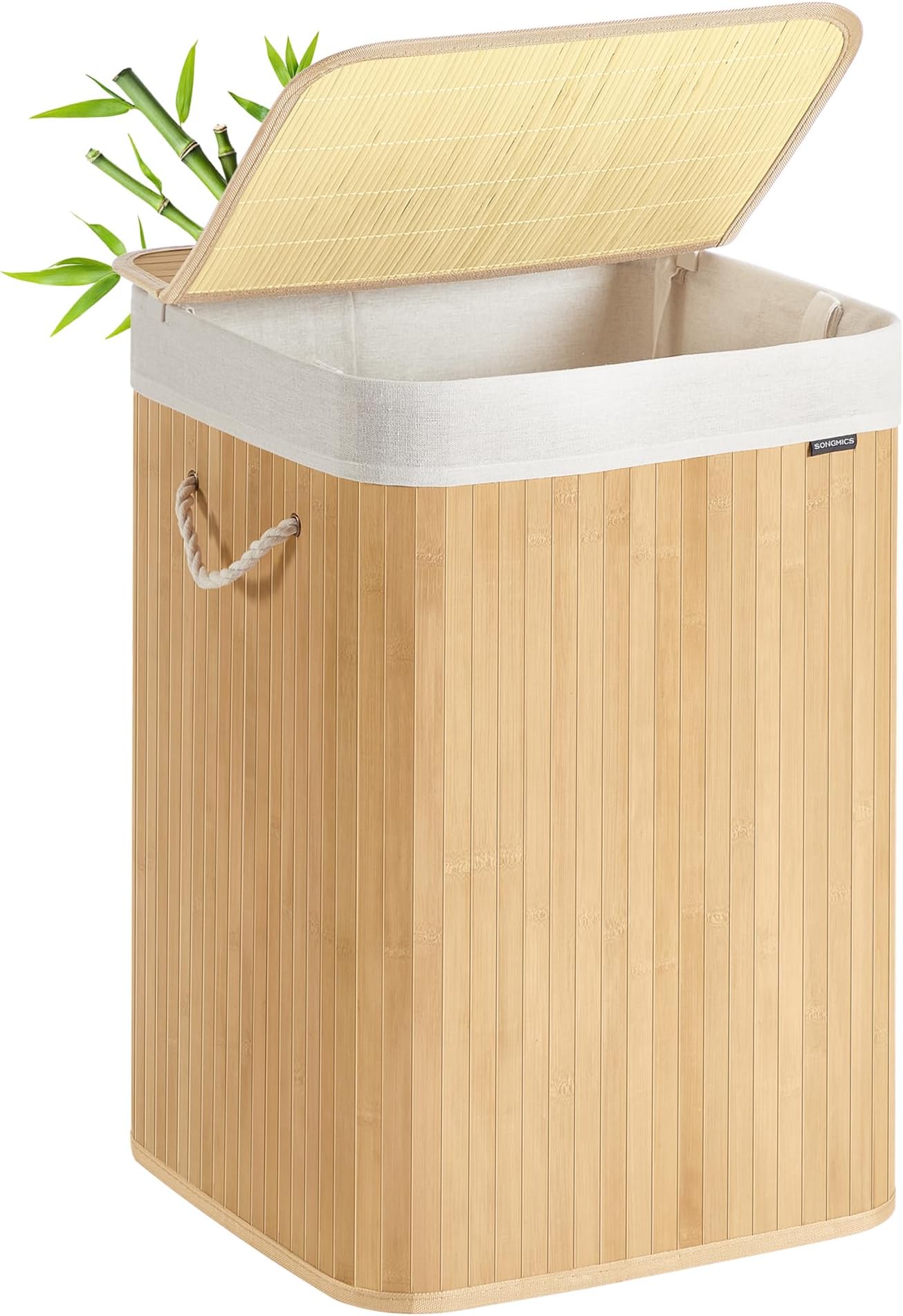 SONGMICS Laundry Basket, 95 L, Laundry Hamper, Laundry Bin with Lid, Bamboo, Foldable, Removable and Machine Washable Liner Bag, for Laundry Room, Bedroom, Natural LCB060Y01