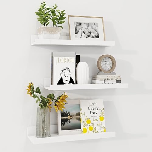 Axeman Estante de repisa para cuadros Juego de 3 estantes flotantes blancos de 16 pulgadas Estantes de pared de madera rústica con borde Estante