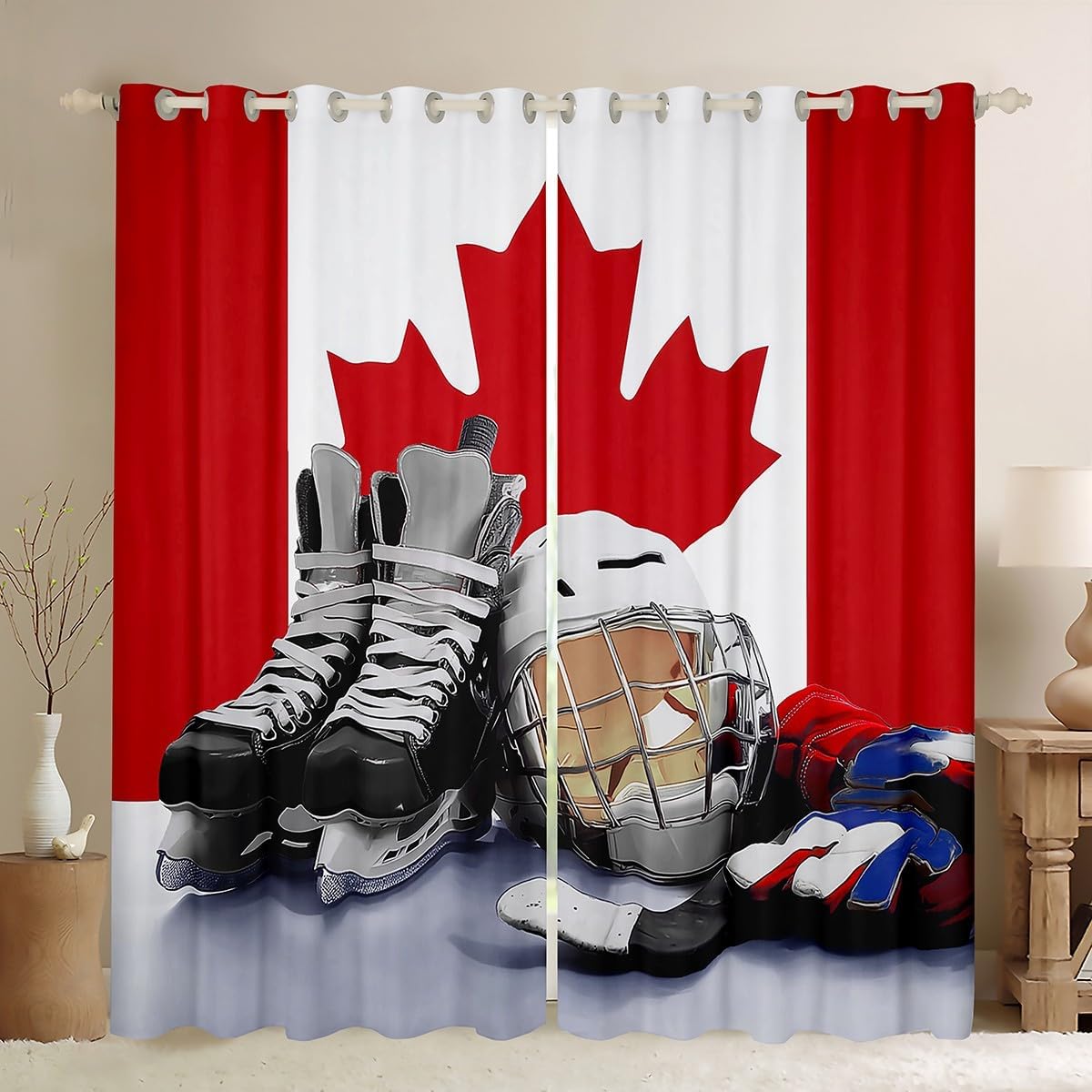 Erosebridal Ice Hockey Darkening Curtains Flag Blackout Curtains Teens Sports Game Theme Window Drapes 42"x90",2 Panels Puck Hockey Player Winter Event Window Treatments
