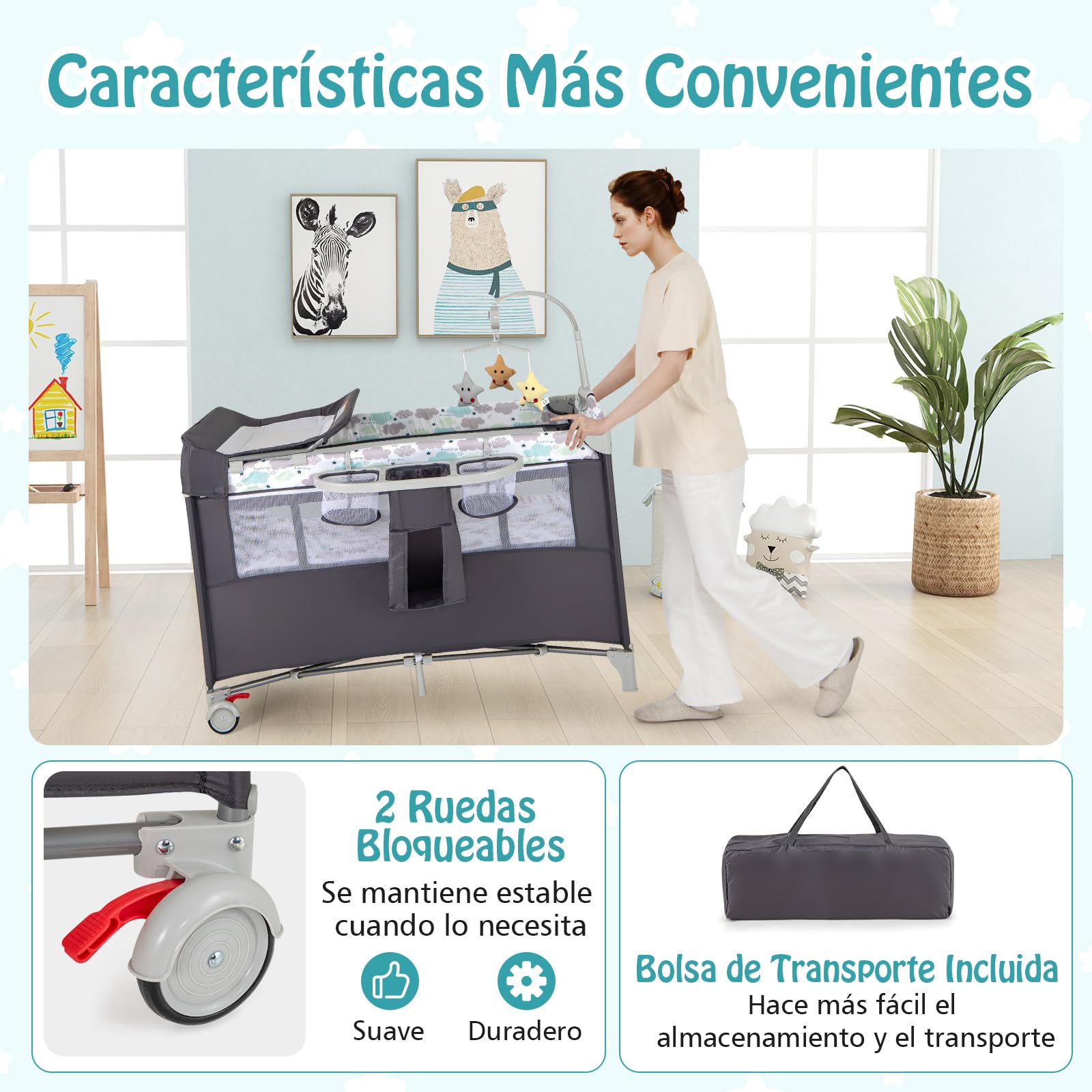 RELAX4LIFE 5 en 1 Cuna Infantil Bebe con 2 Ruedas Bloqueables, Cambiador, Correa Fijación, Caja de Música y 3 Juguetes Colgantes, Cuna con Colchón y Bolsa de Transporte para Bebés 0-36 Meses (Gris)