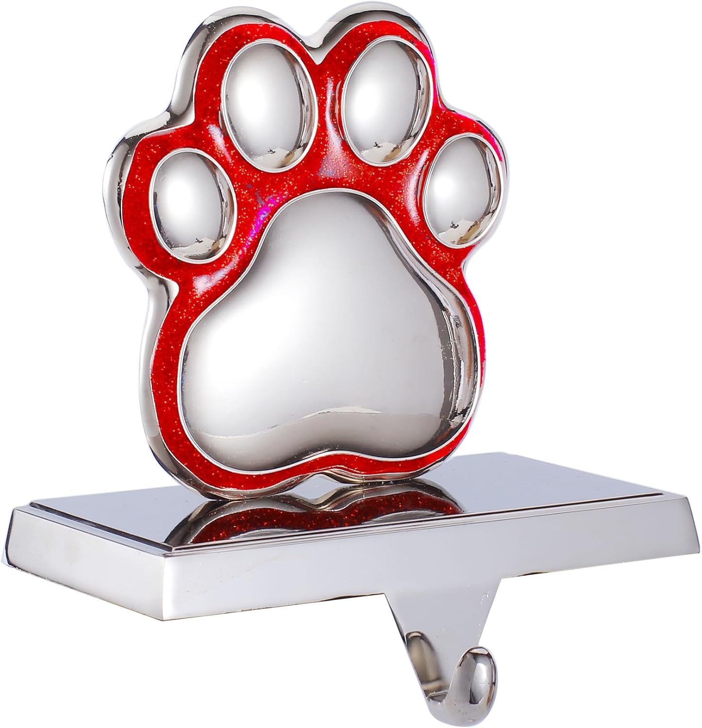 Red & Silver Paw Print Metal Stocking Holder Decoration