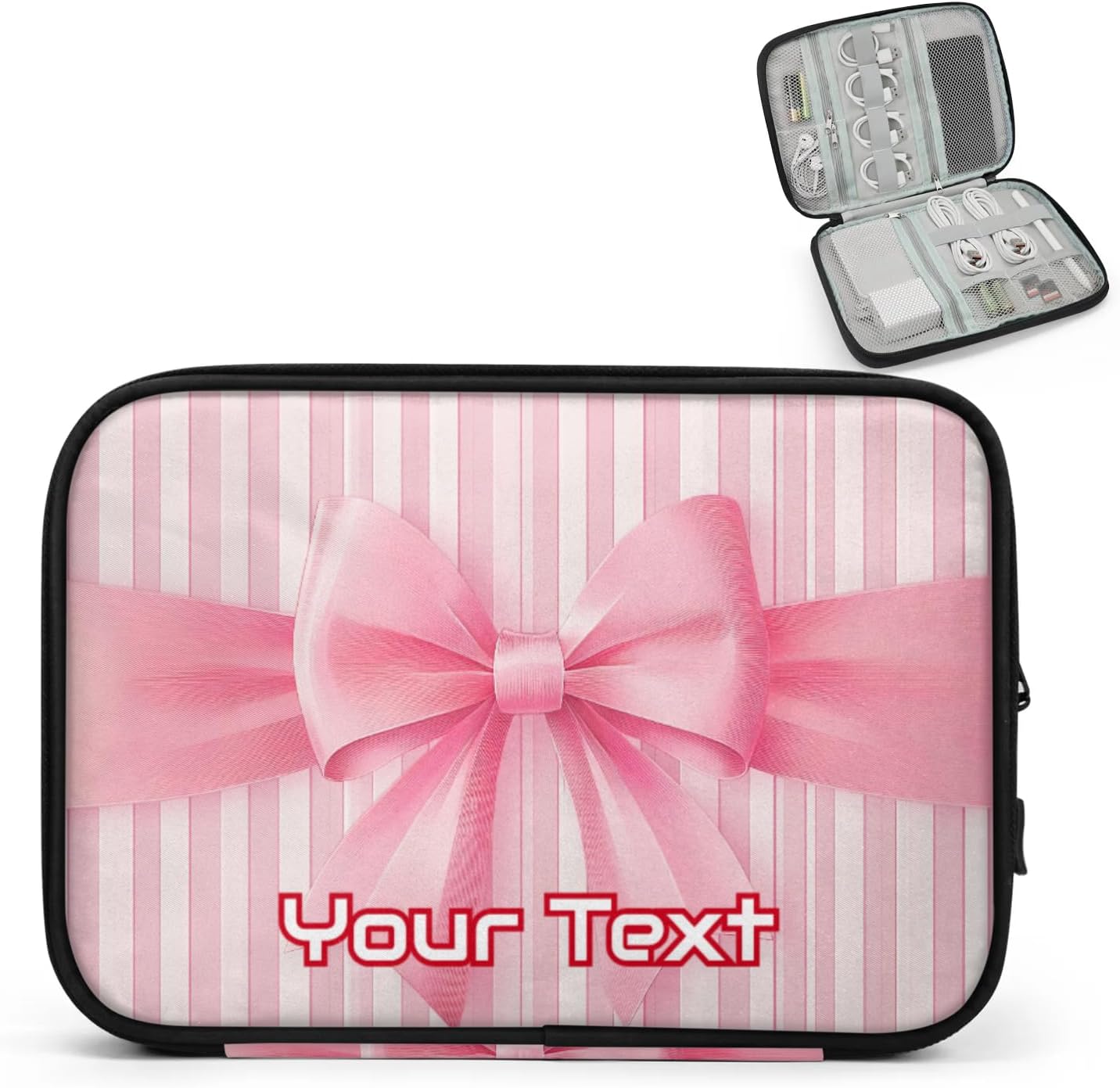 Custom Electronics Organizer Pink Ribbon Bow Travel Cable Pouch Large Tech Accessories Case Waterproof Cord Storage Bag for Power Bank Charger Phone Earphone