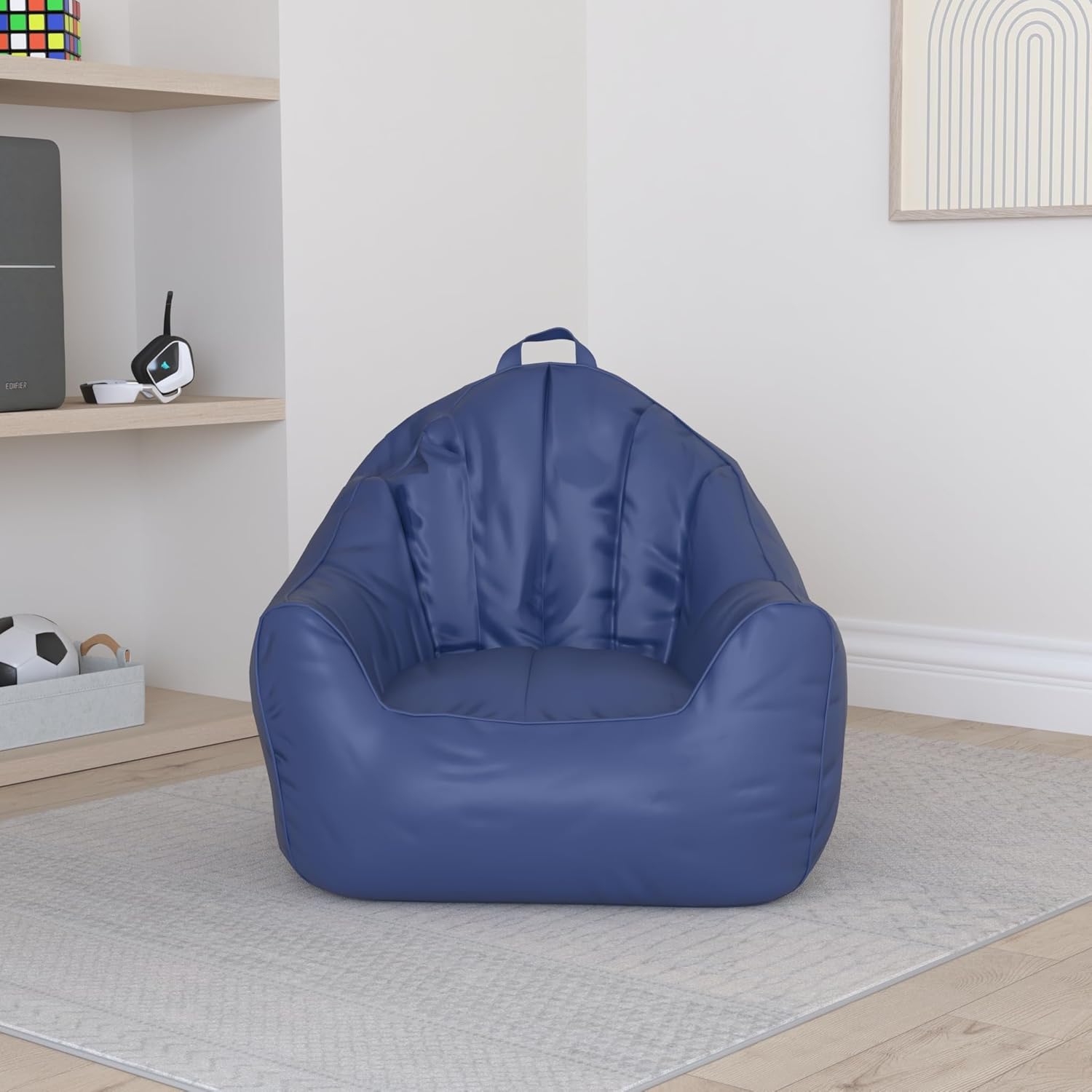 Posh Creations Structured Comfy Bean Bag Chair for Gaming, Reading, and Watching TV, Malibu Lounge, Soft Nylon-Navy