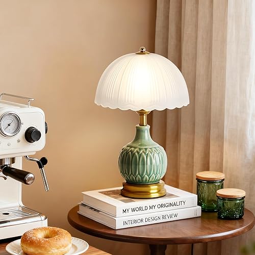 Miniatura 6 de Juego de 2 lámparas de mesa de cerámica, modernas lámparas de noche verdes de mediados de siglo, vintage, lámpara de escritorio retro de cristal con