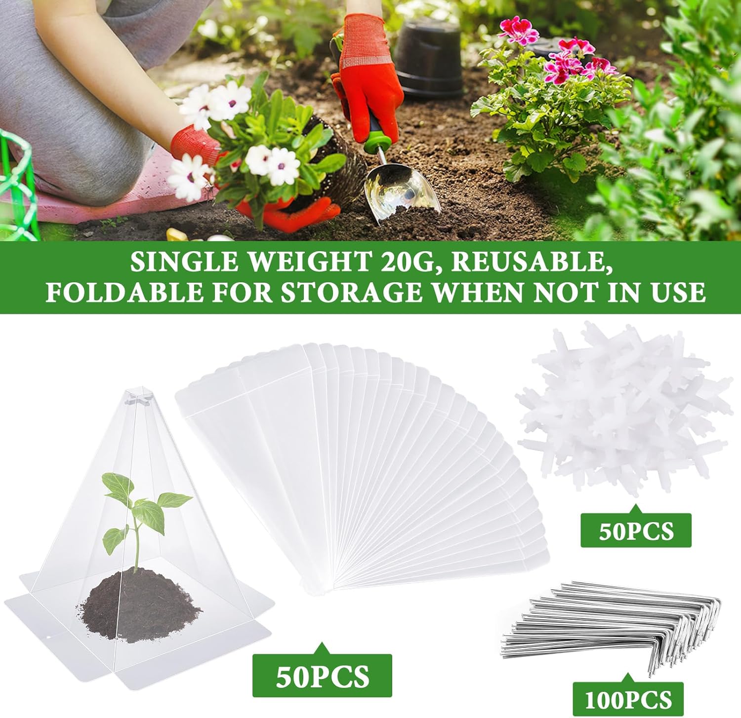 Garden Cloches for Plants, 50 Pack Plastic Small Plant Seedling Protector, Reusable Clear Bell Covers with 100pcs Metal Stakes, Mini Greenhouse Against Sun, Frost, Snails, Birds, 7.8" x 11"