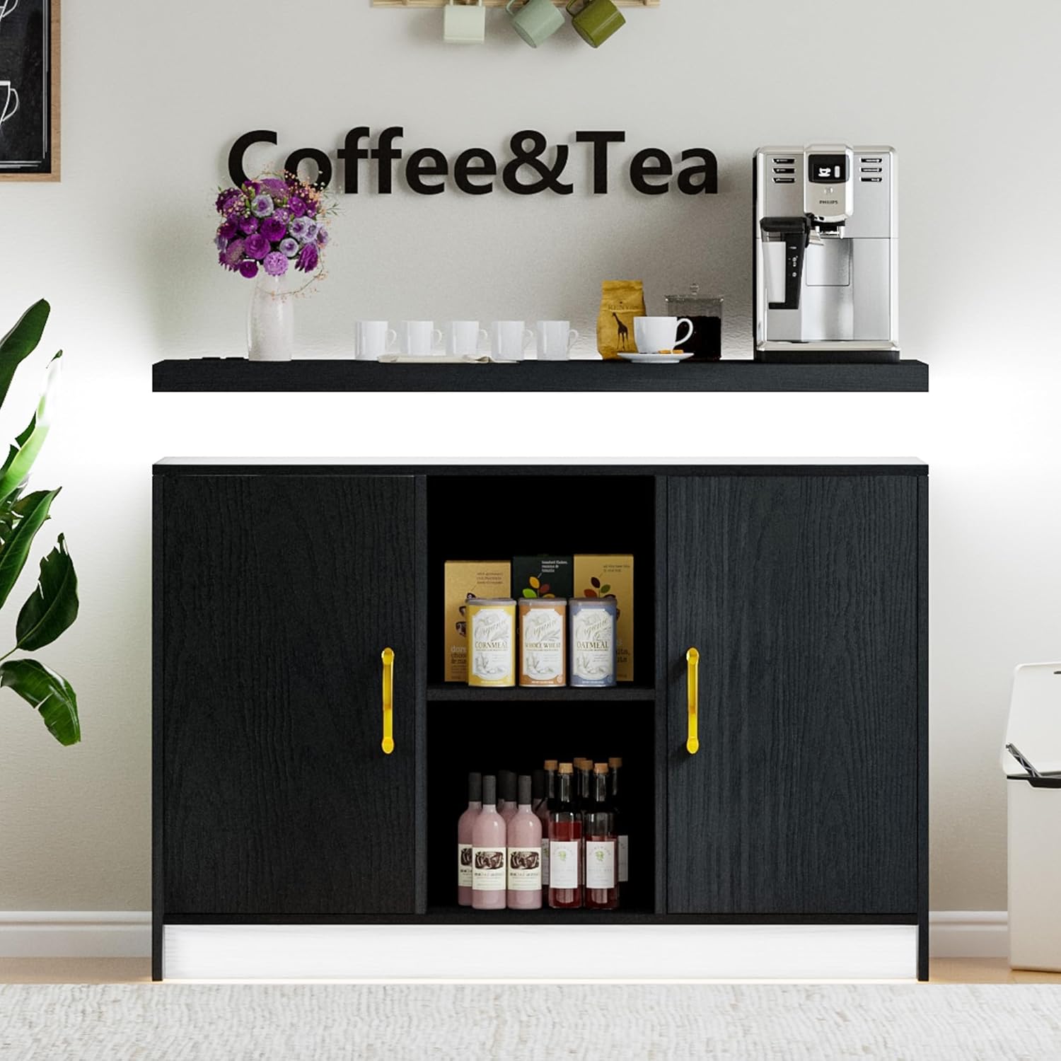 4 EVER WINNER Coffee Bar Cabinet with LED, Sideboard Buffet Cabinet with Storage, Coffee Station Cabinet with Charging Station, Black Coffee Bar for Kitchen, Dining Room