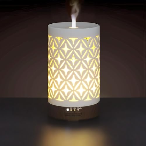 Earnest Living Difusor de aceite esencial para el hogar, difusor de aromaterapia de cerámica blanca de 3.4 fl oz con 4 temporizadores, 7 luces