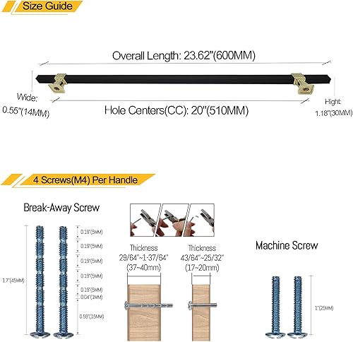 Miniatura 6 de Paquete de 3 tiradores de gabinete extralargos negros y dorados, de 24 pulgadas de longitud total, manijas de gabinete de cocina para cajones,