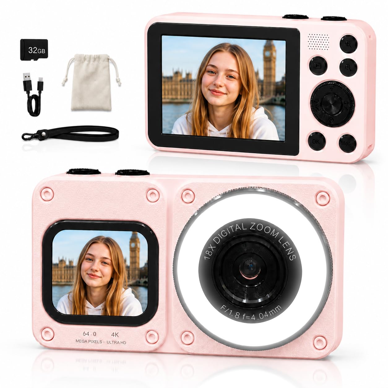 Digitalkamera 4K 64MP Vlogging Fotokamera Kompaktkamera 18X Digitalzoom Kamera mit 2 Bildschirme, Beauty Licht, 32GB SD Karte für Teenager Anfänger (Rosa + Beauty-Licht)