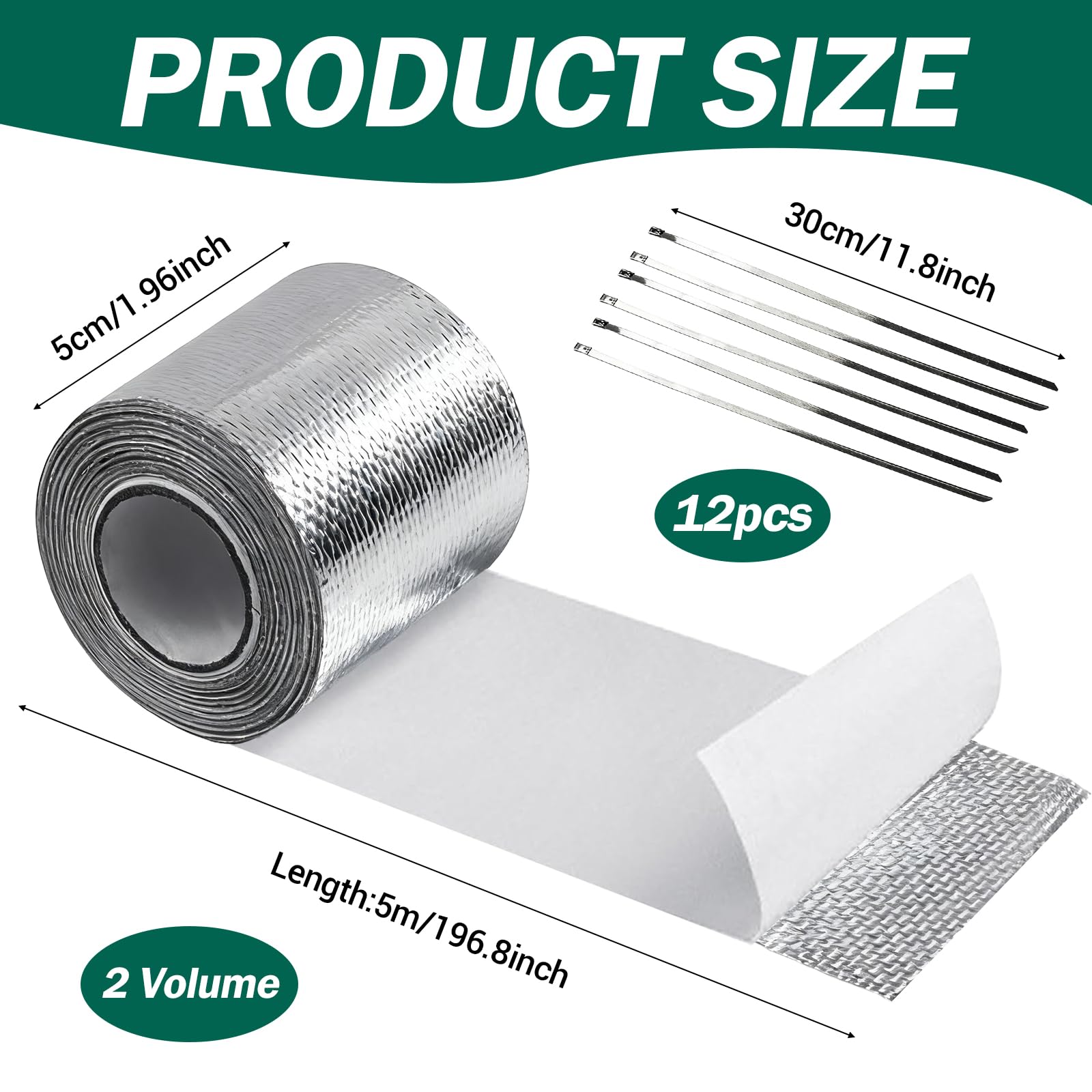 2 unidades de cinta de protección contra el calor, autoadhesiva, 5 m x 5 cm, cinta adhesiva de aluminio para protección contra el calor, tubo de escape con 12 bridas, kit de reparación de escape
